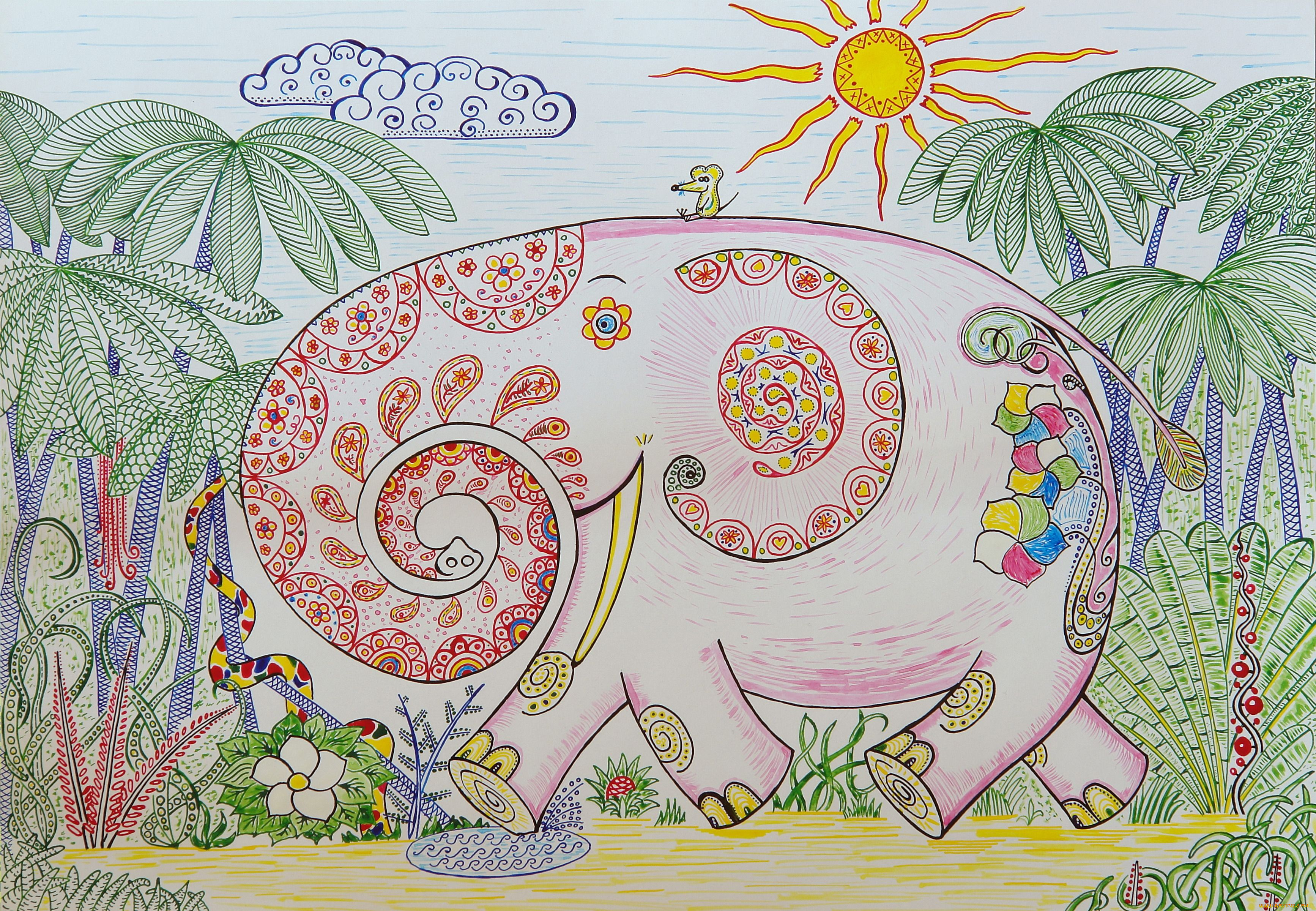 рисованные, животные, розовый, слон