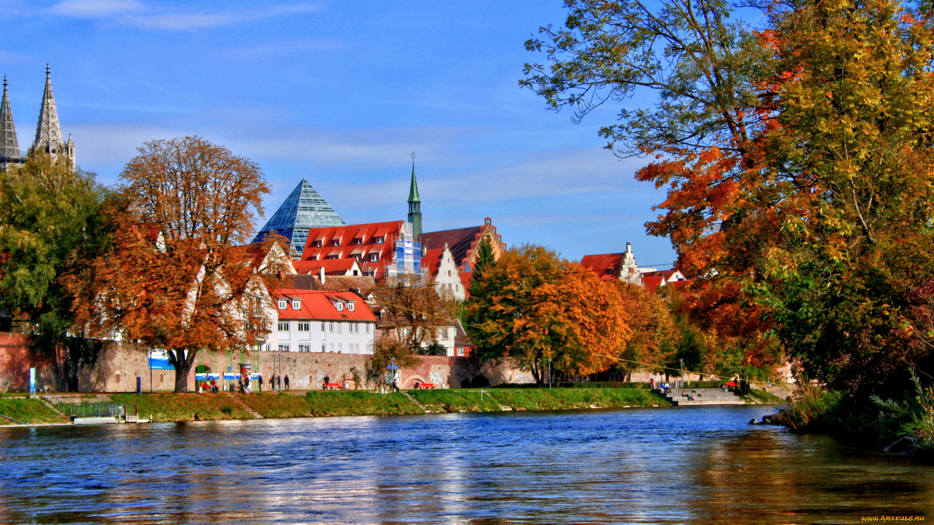 германия, бавария, ной, ульм, города, улицы, площади, набережные, набережная, река, дома