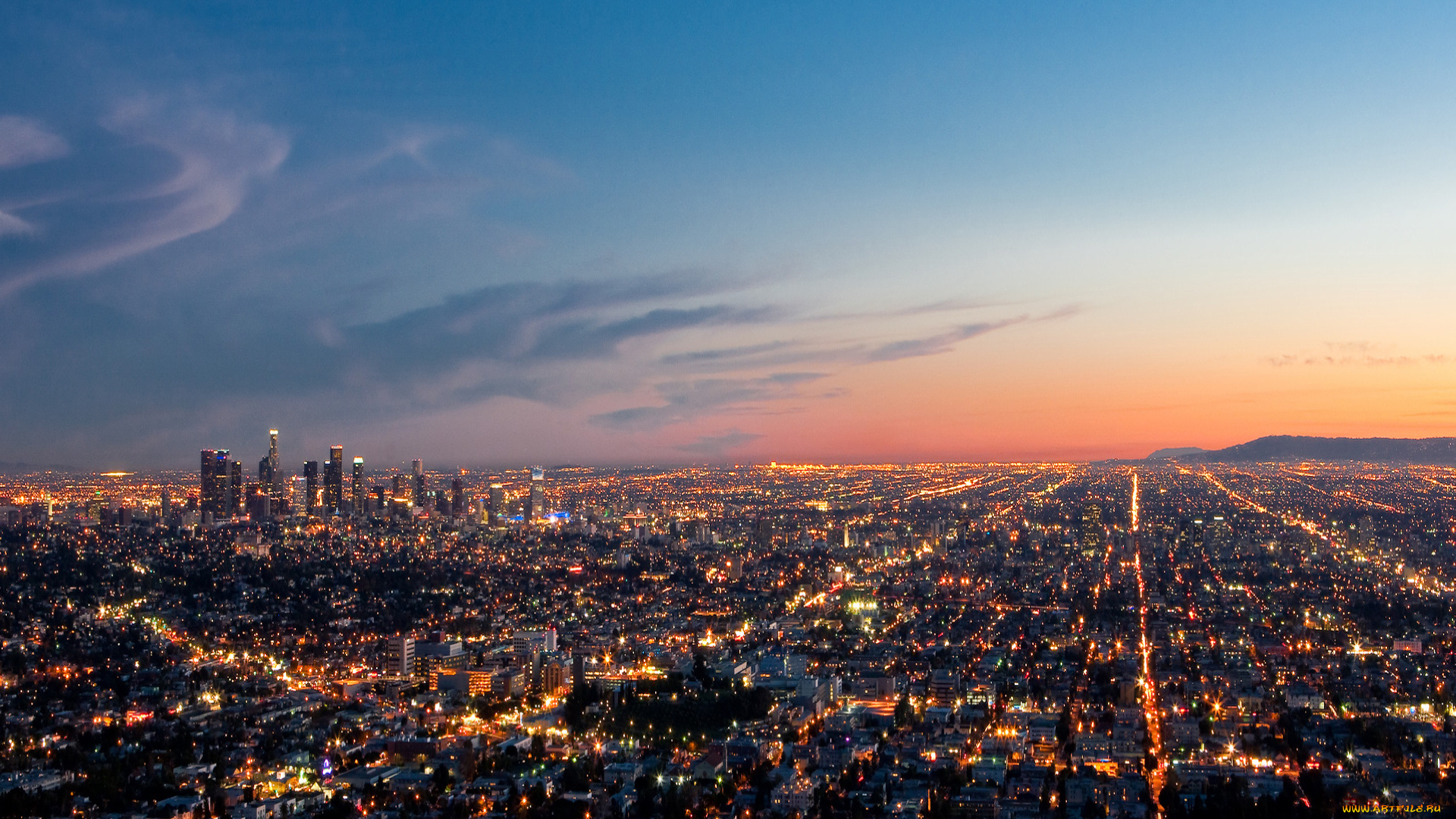 города, огни, ночного, los, angeles