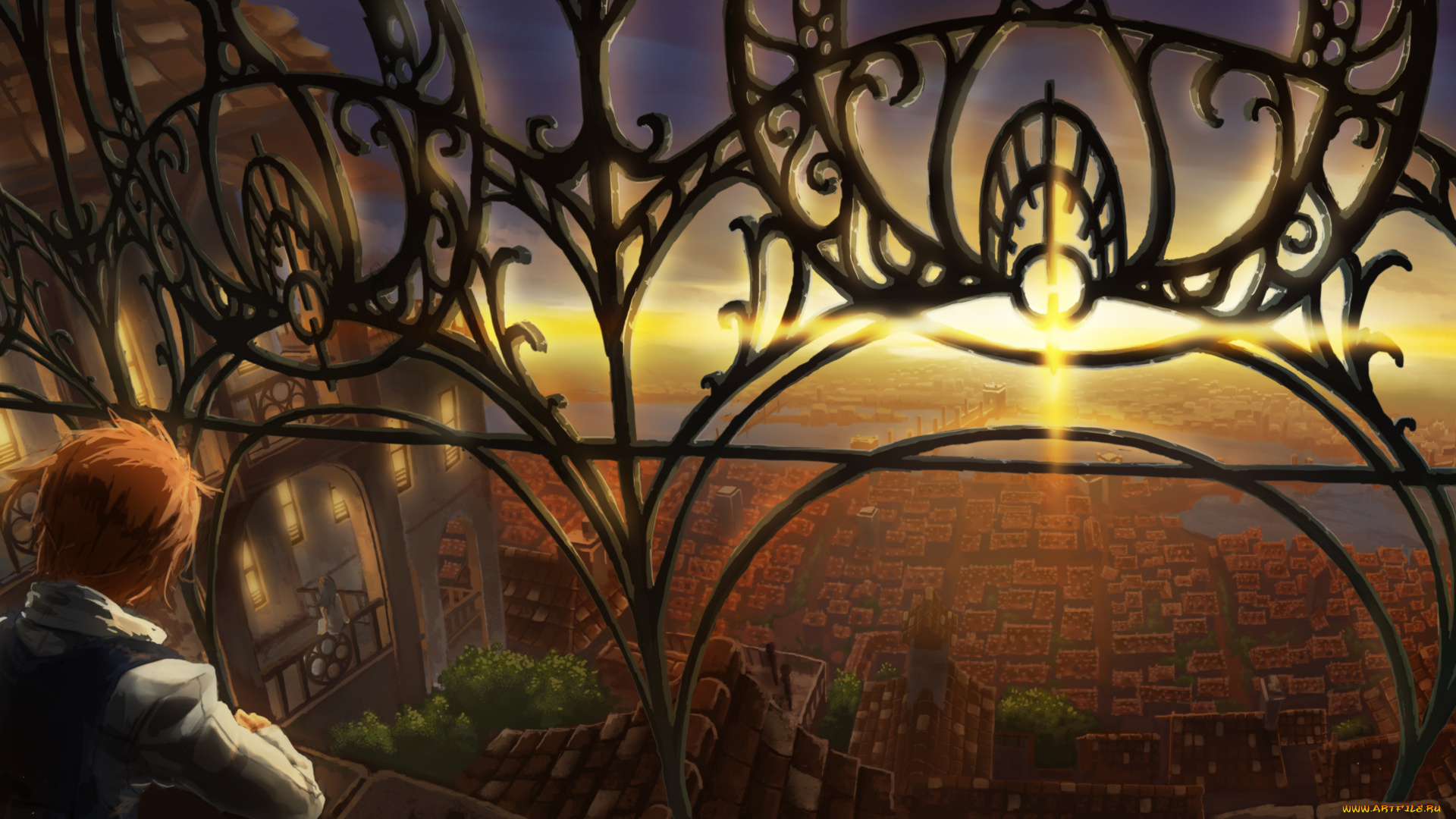 by, hatsuga, dmaigmai, аниме, *unknown, другое, парень, девушка, город, закат, река, небо, окна, деревья, крыши, ограда, мост