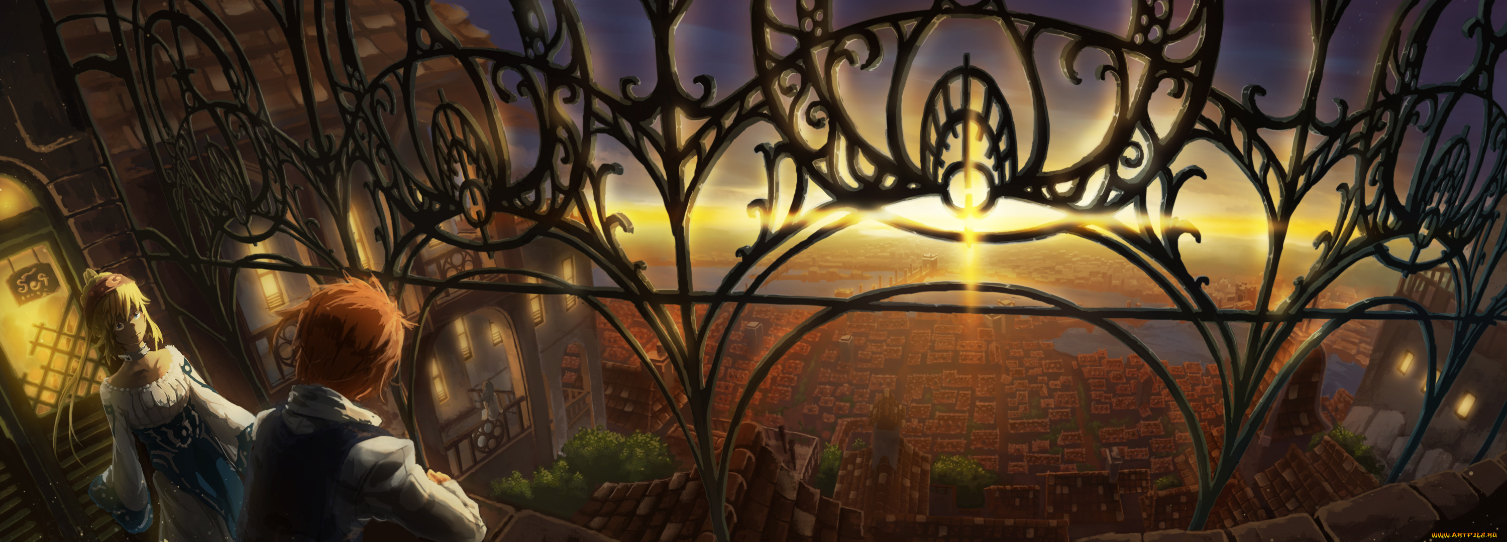 by, hatsuga, dmaigmai, аниме, *unknown, другое, парень, девушка, город, закат, река, небо, окна, деревья, крыши, ограда, мост