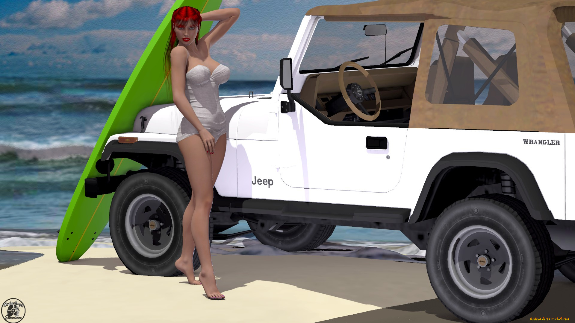 автомобили, 3d, car&girl, девушка, взгляд, фон, рыжая, автомобиль, песок, пляж, море, купальник, доска