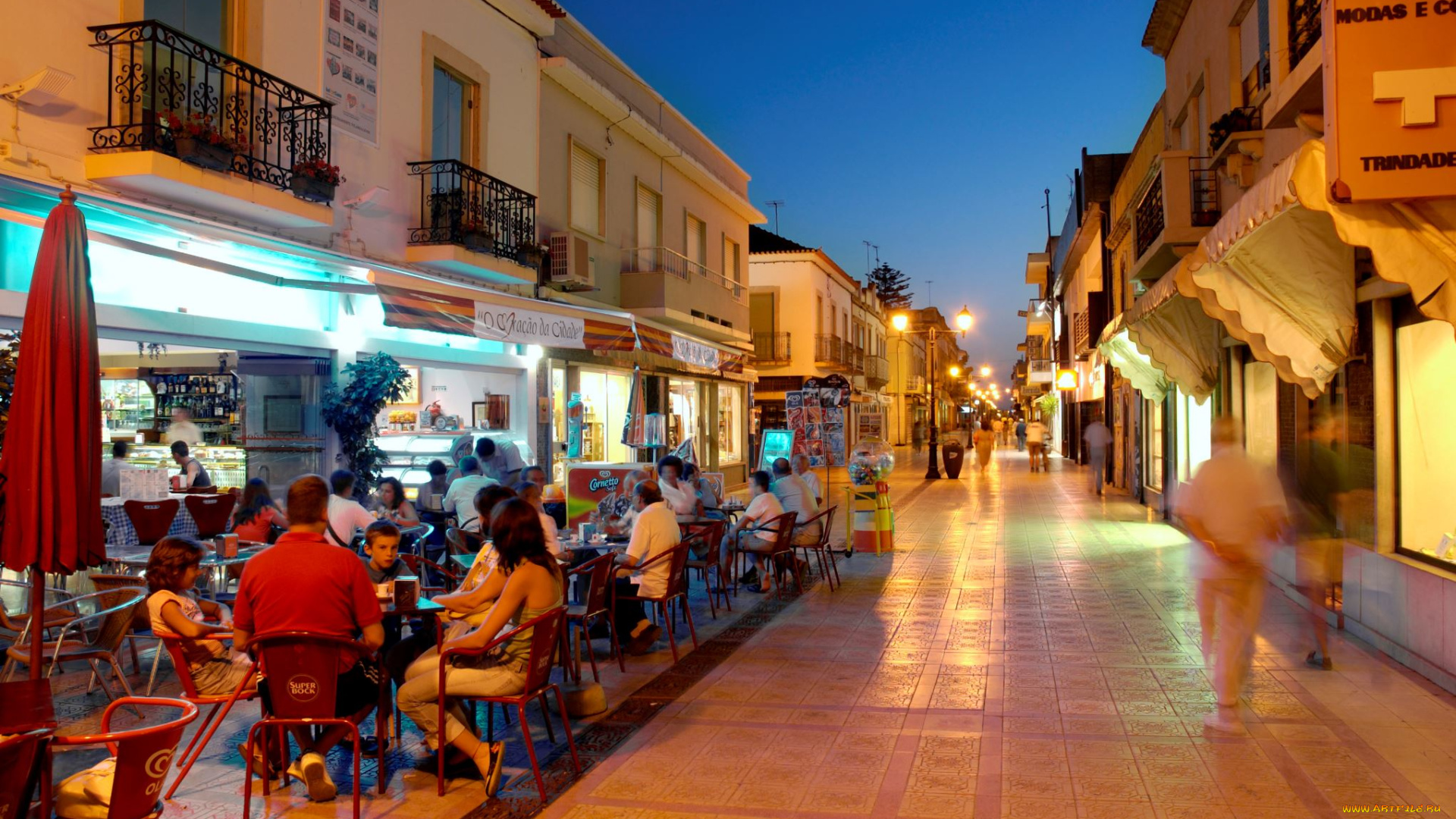 альгарве, , португалия, города, -, огни, ночного, города, дома, огни, люди, кафе, улица