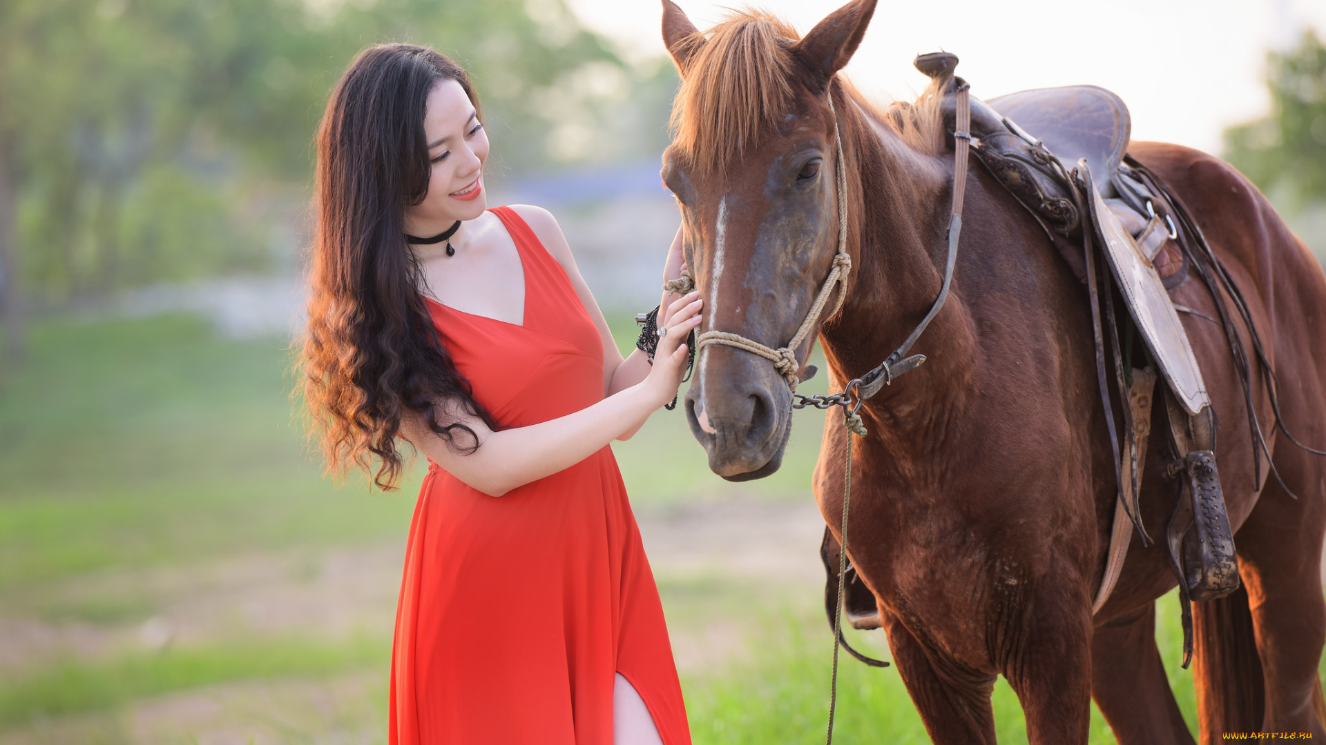 девушки, -unsort, , азиатки, конь, девушка, улыбка, лето, лошадь, азиатка, платье