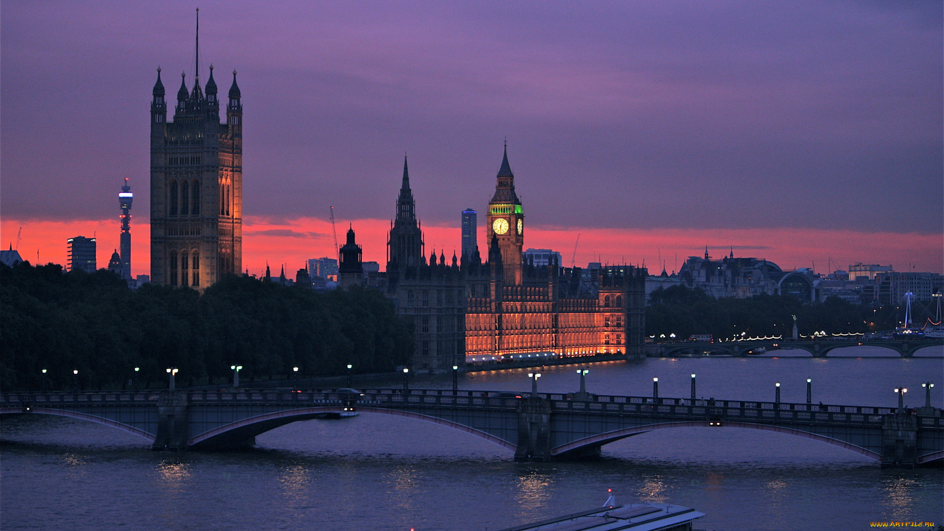 города, лондон, , великобритания, река, фонари, вечер, мост