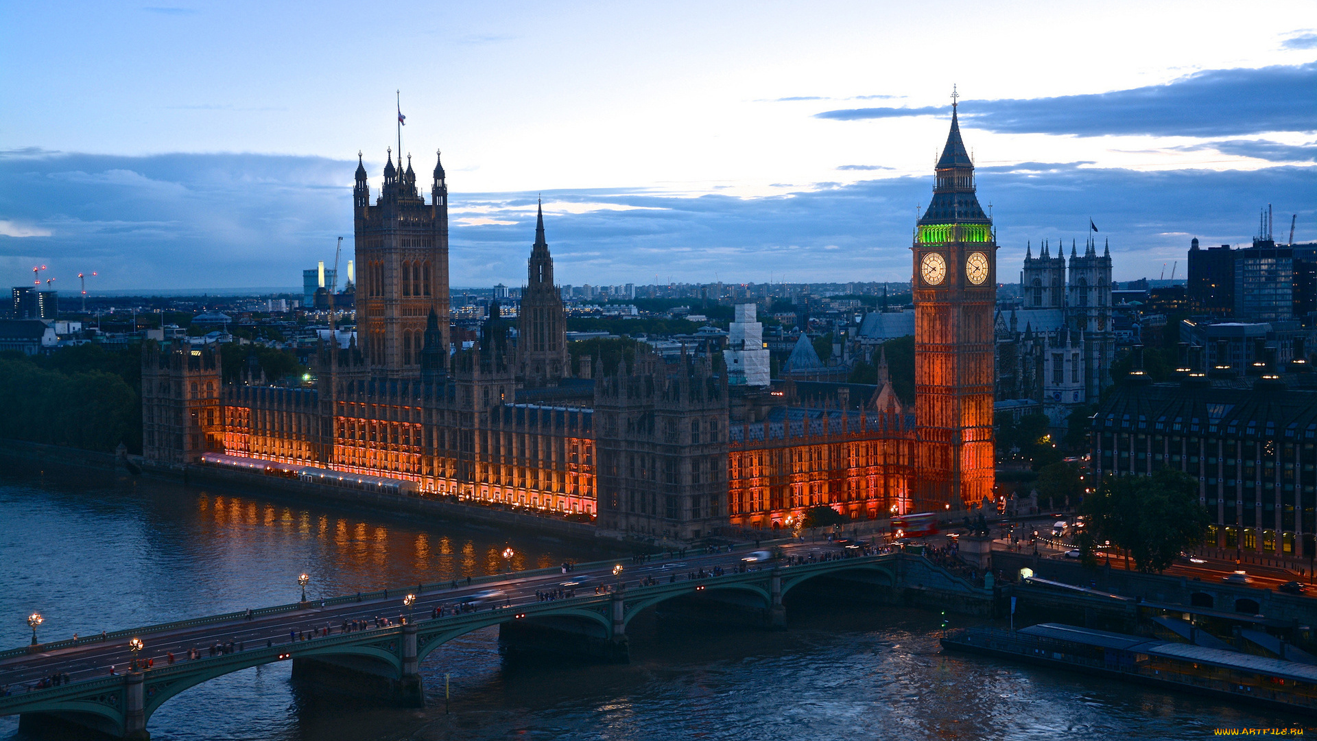 города, лондон, , великобритания, вечер, мост, река