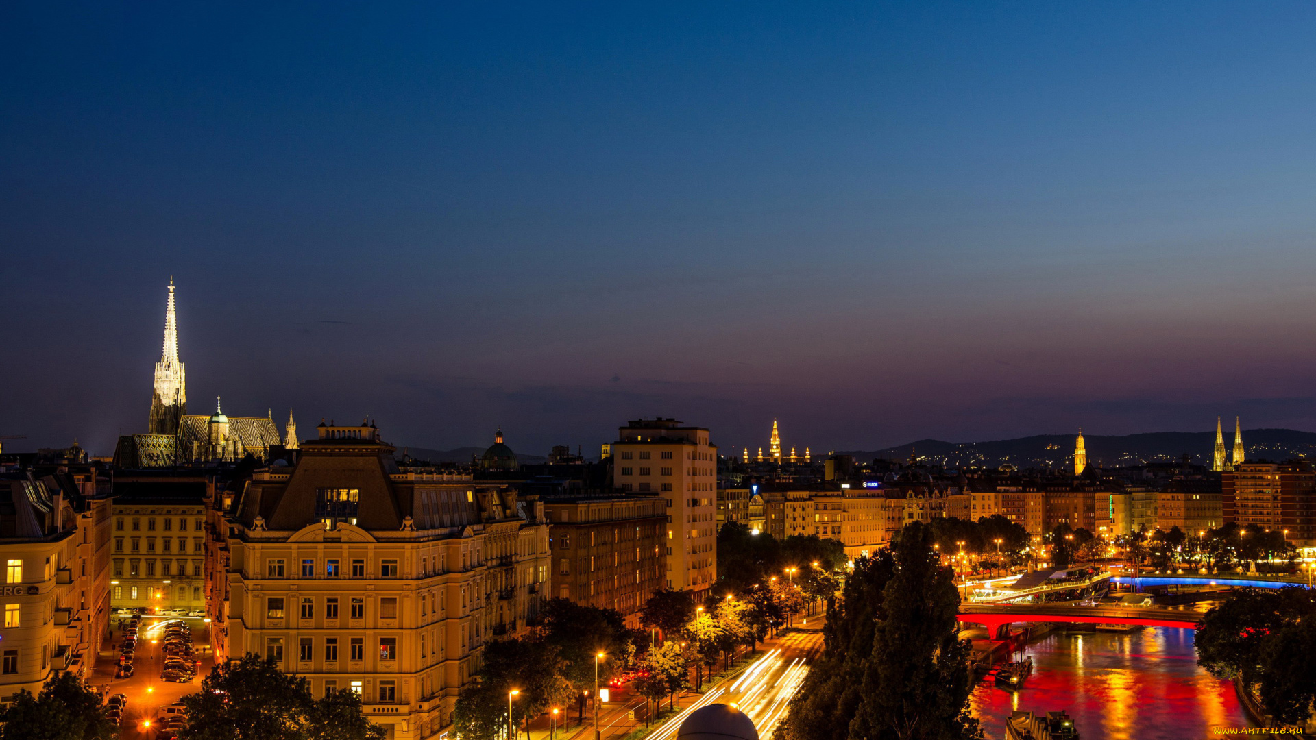 города, вена, , австрия, мосты, река, вечер