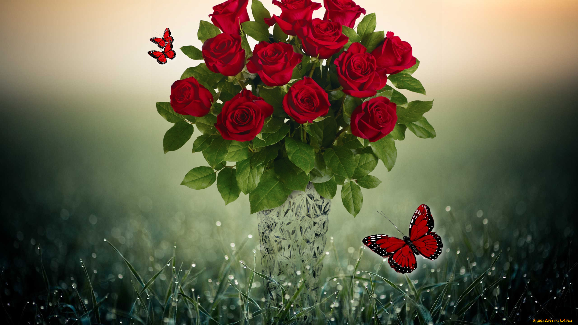разное, компьютерный, дизайн, розы, фон, бабочки