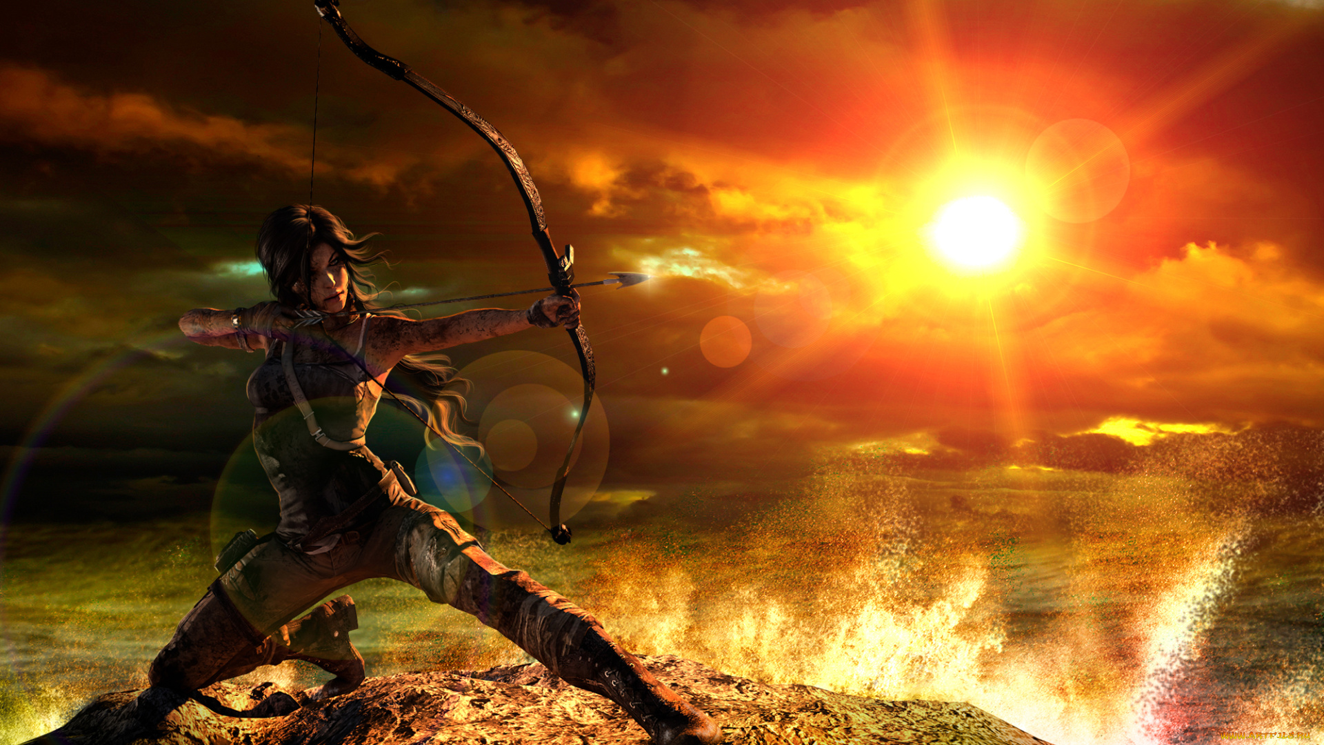 видео, игры, tomb, raider, 2013, стрела, лук, солнце, фон, девушка