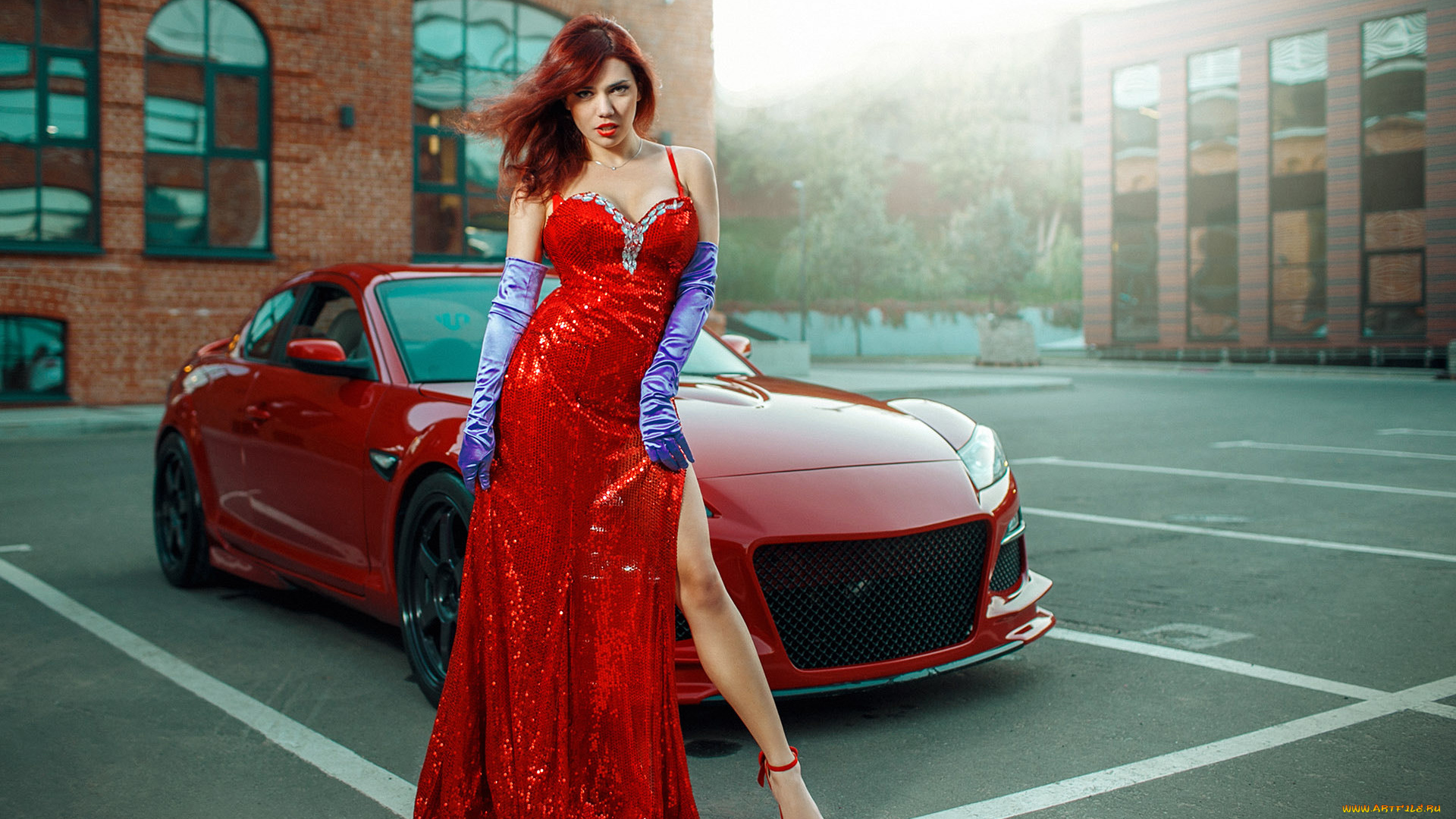 автомобили, -авто, с, девушками, красный, автомобиль, красное, платье