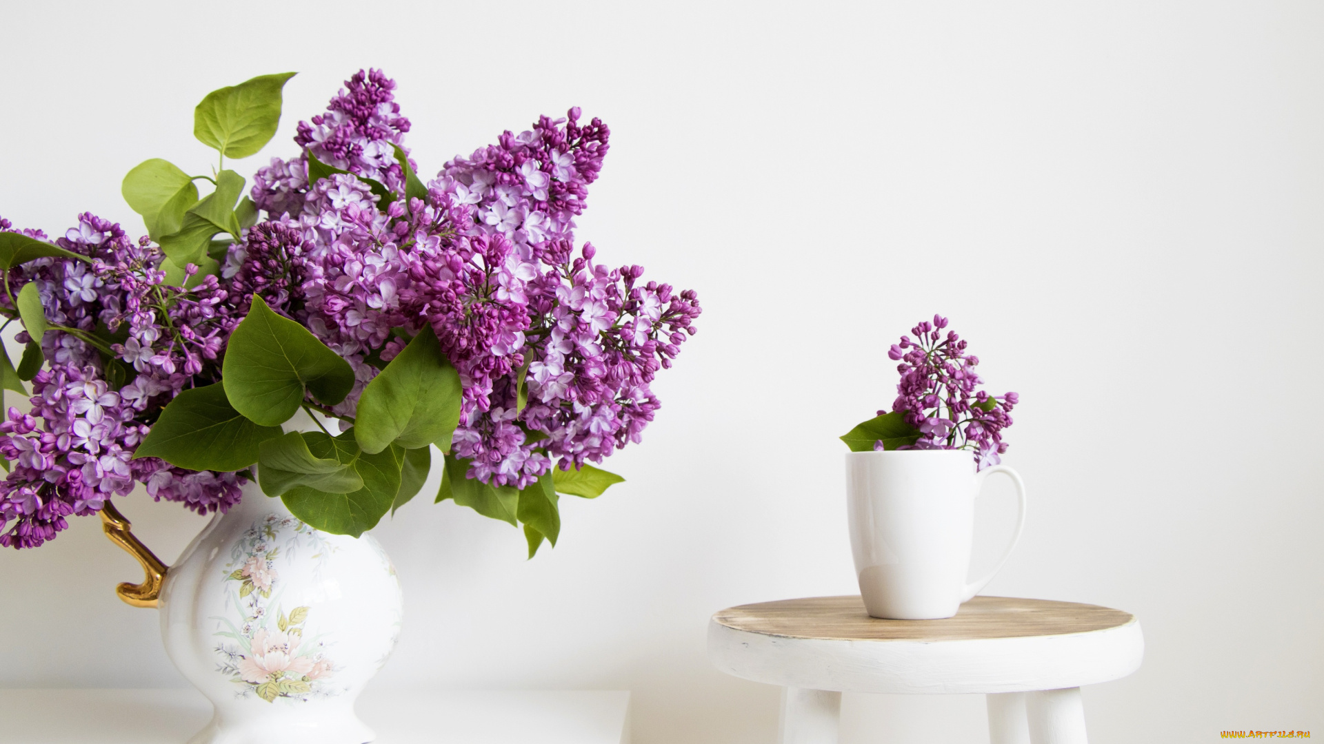 цветы, сирень, ваза, букет, кружка