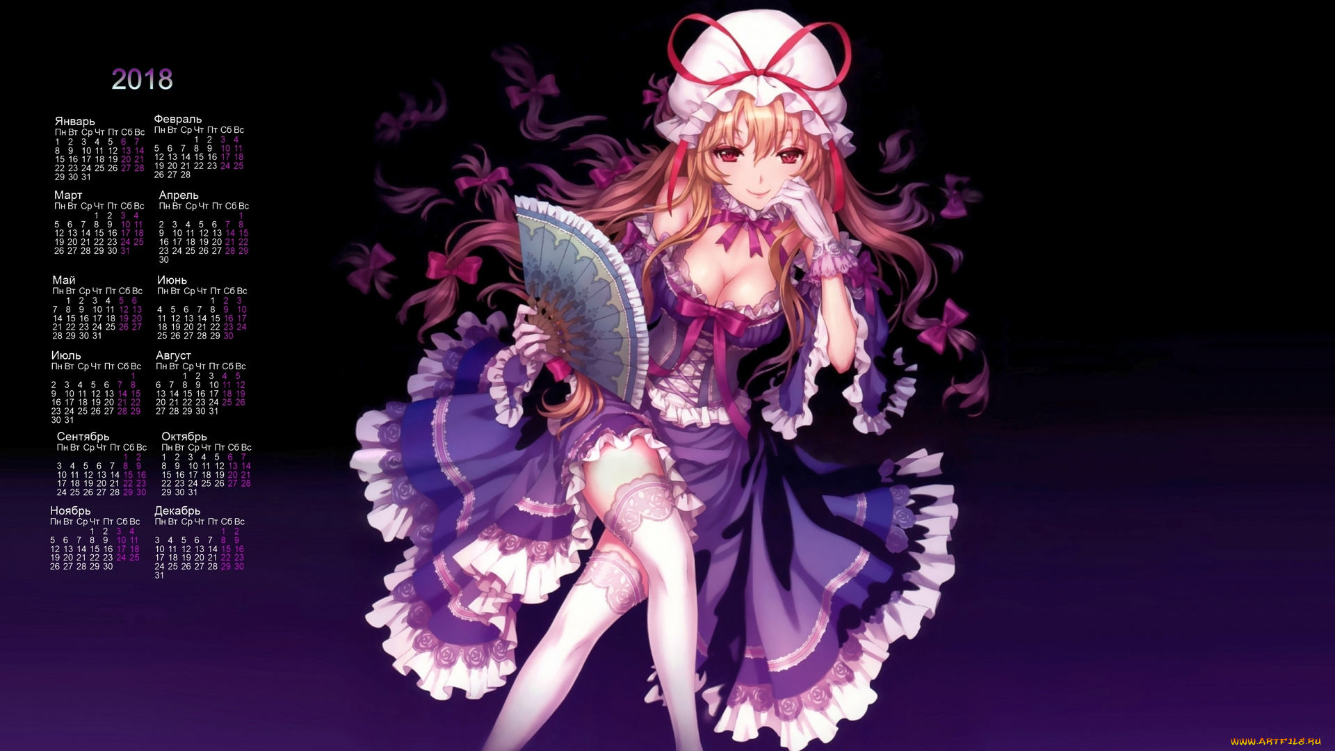 календари, аниме, бант, веер, девушка, взгляд, 2018