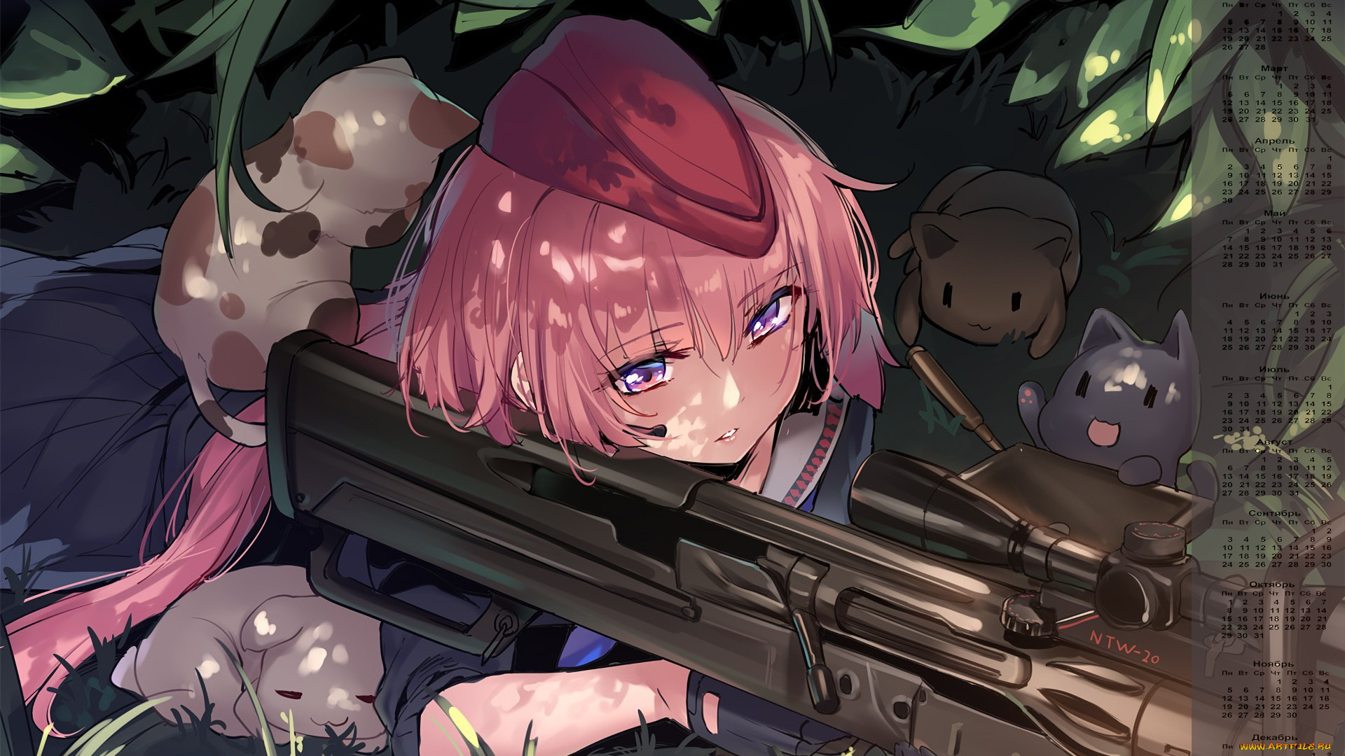 календари, аниме, девушка, 2018, животное, оружие