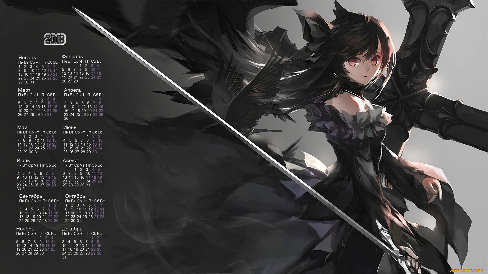 календари, аниме, взгляд, девушка, птица, 2018, крест