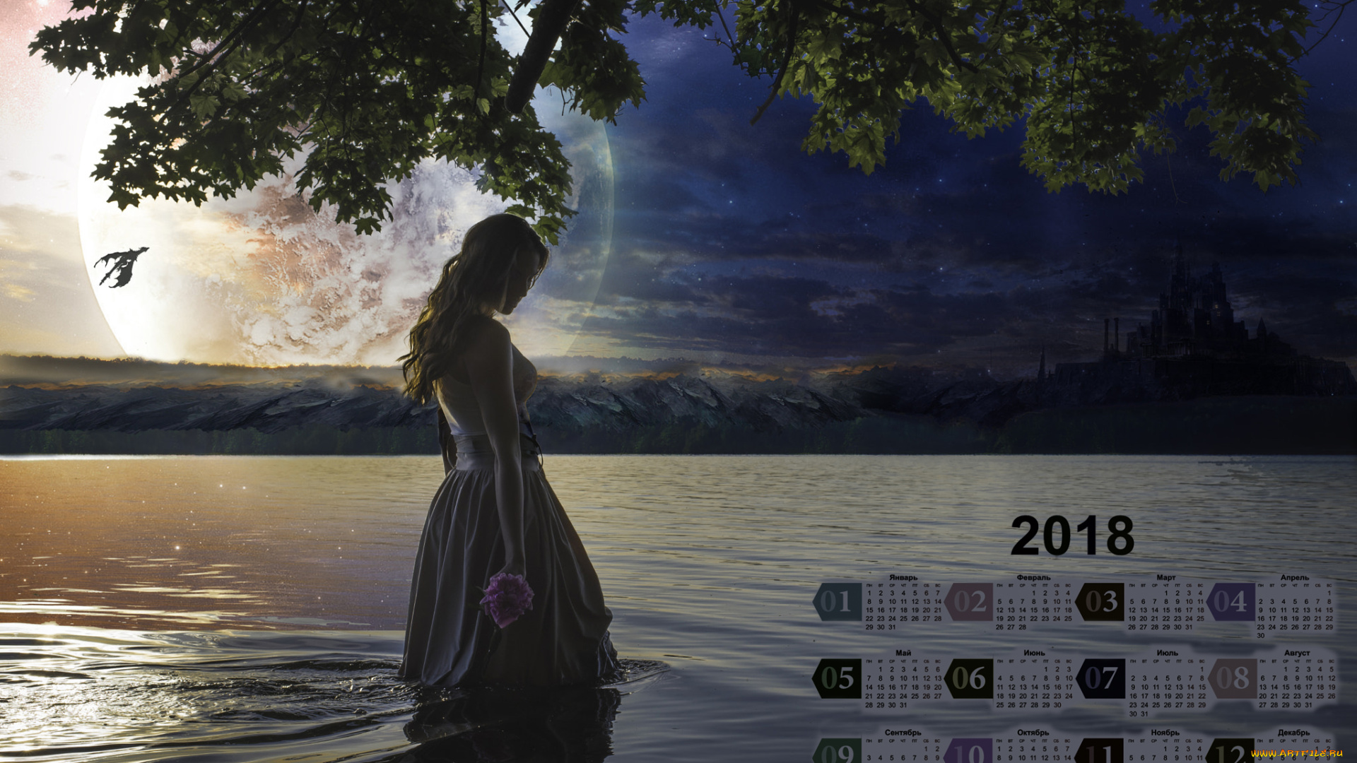 календари, компьютерный, дизайн, ночь, дерево, водоем, девушка, 2018, замок