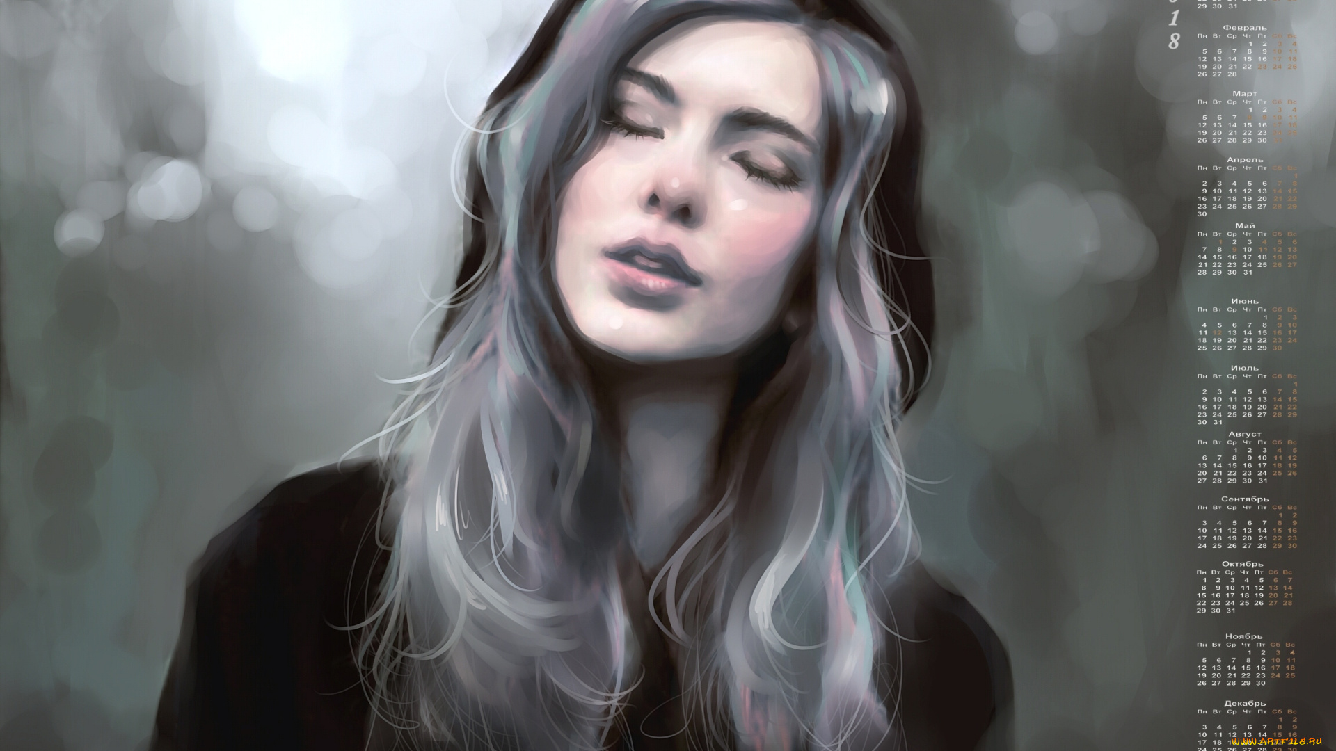 календари, рисованные, , векторная, графика, капюшон, лицо, девушка, 2018