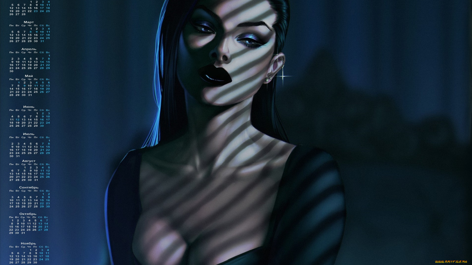 календари, рисованные, , векторная, графика, макияж, взгляд, девушка, 2018