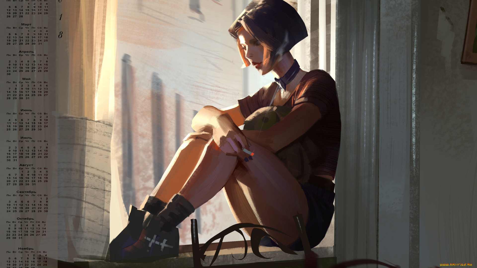 леон, календари, кино, , мультфильмы, 2018, окно, сигарета, девушка