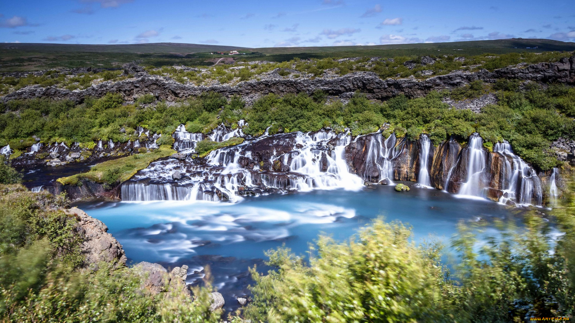 природа, водопады, обрыв, деревья, поток, водопад, пейзаж