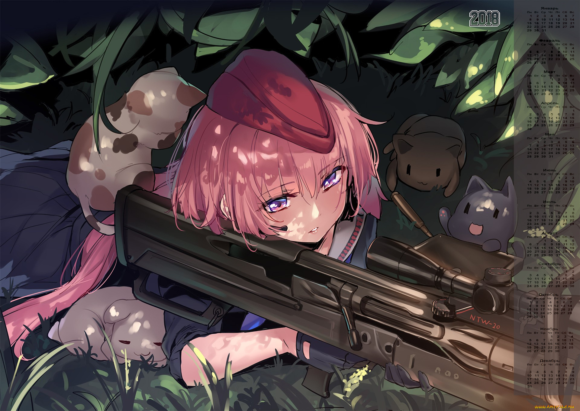 календари, аниме, девушка, 2018, животное, оружие