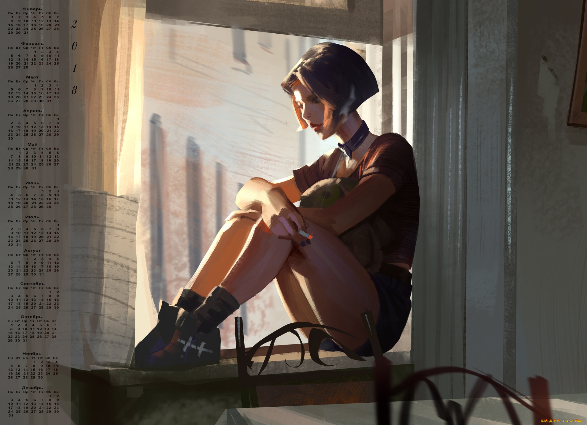 леон, календари, кино, , мультфильмы, 2018, окно, сигарета, девушка