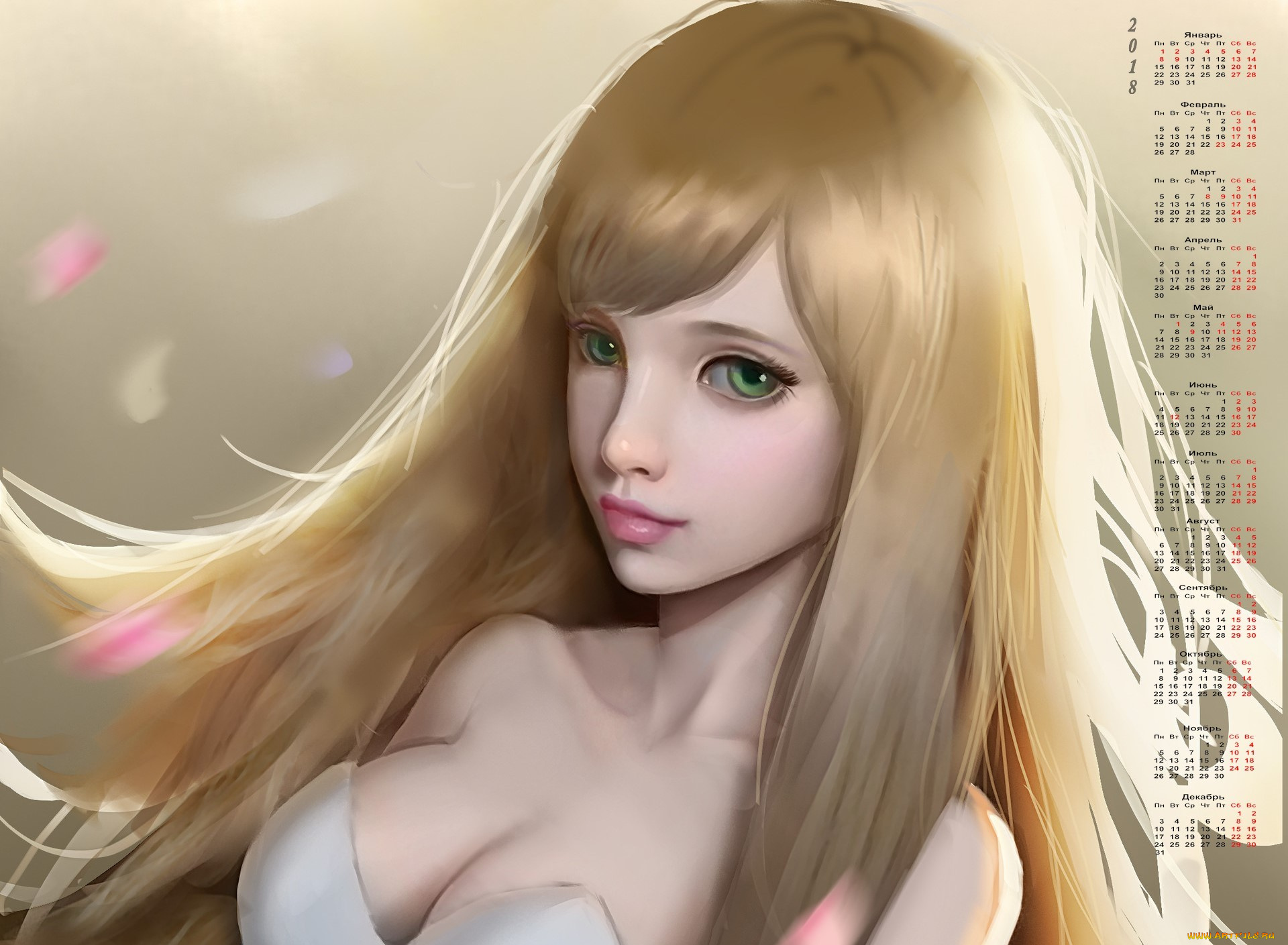 календари, рисованные, , векторная, графика, взгляд, девушка, 2018
