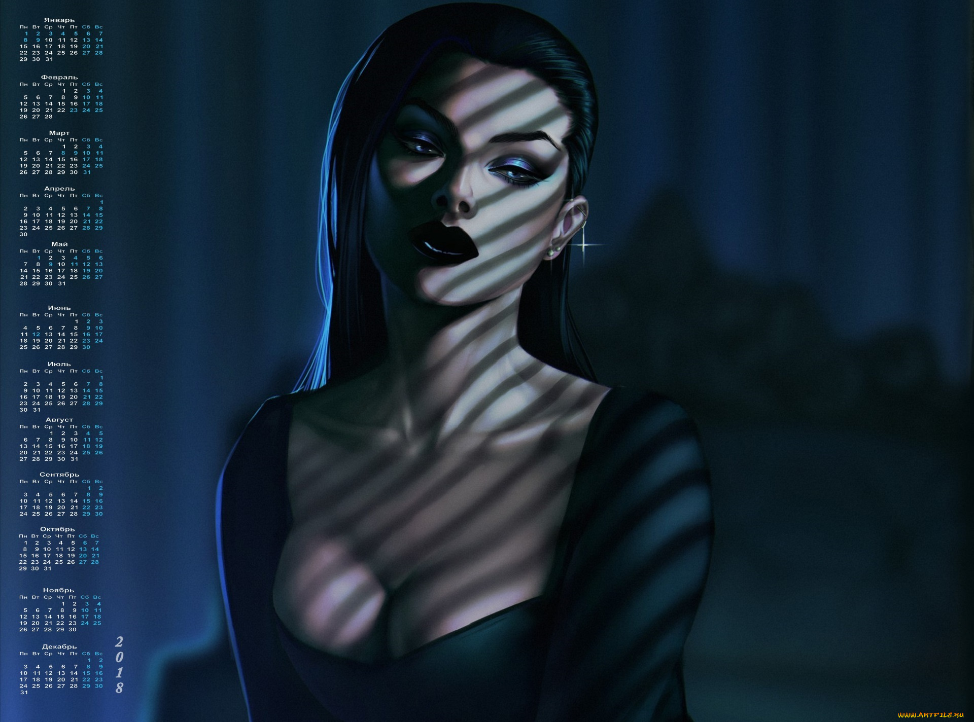 календари, рисованные, , векторная, графика, макияж, взгляд, девушка, 2018