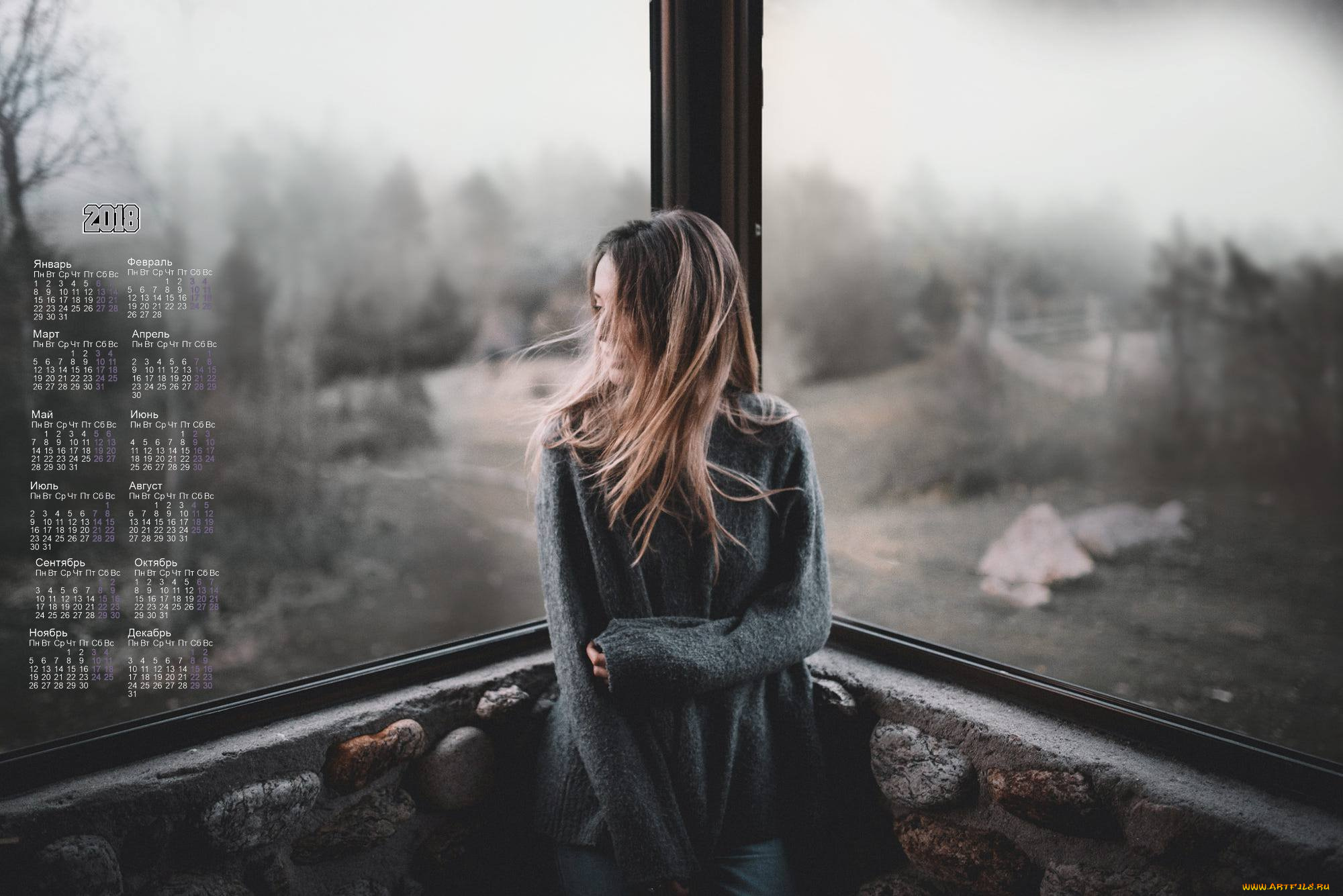 календари, девушки, профиль, 2018, окно