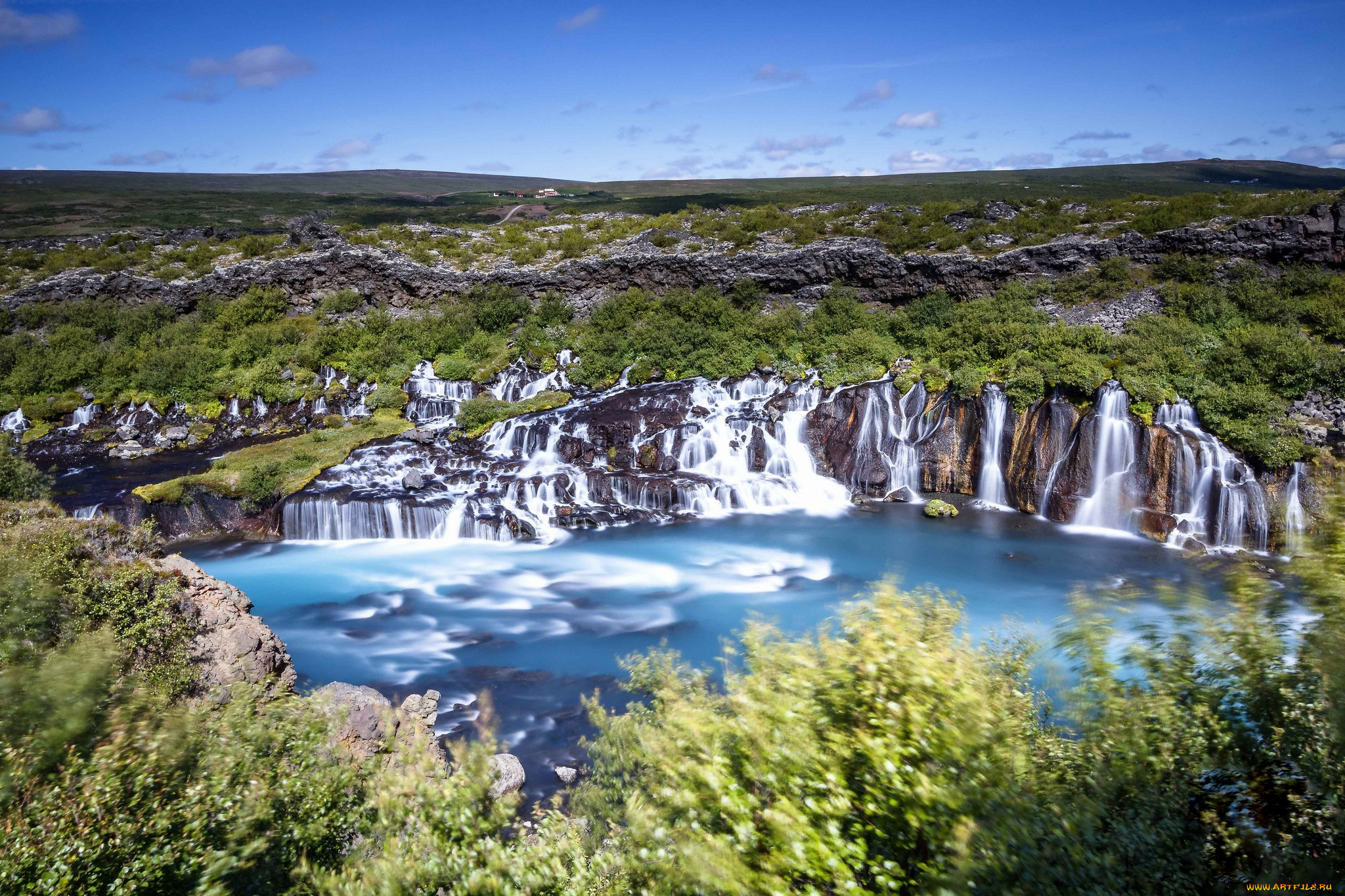 природа, водопады, обрыв, деревья, поток, водопад, пейзаж