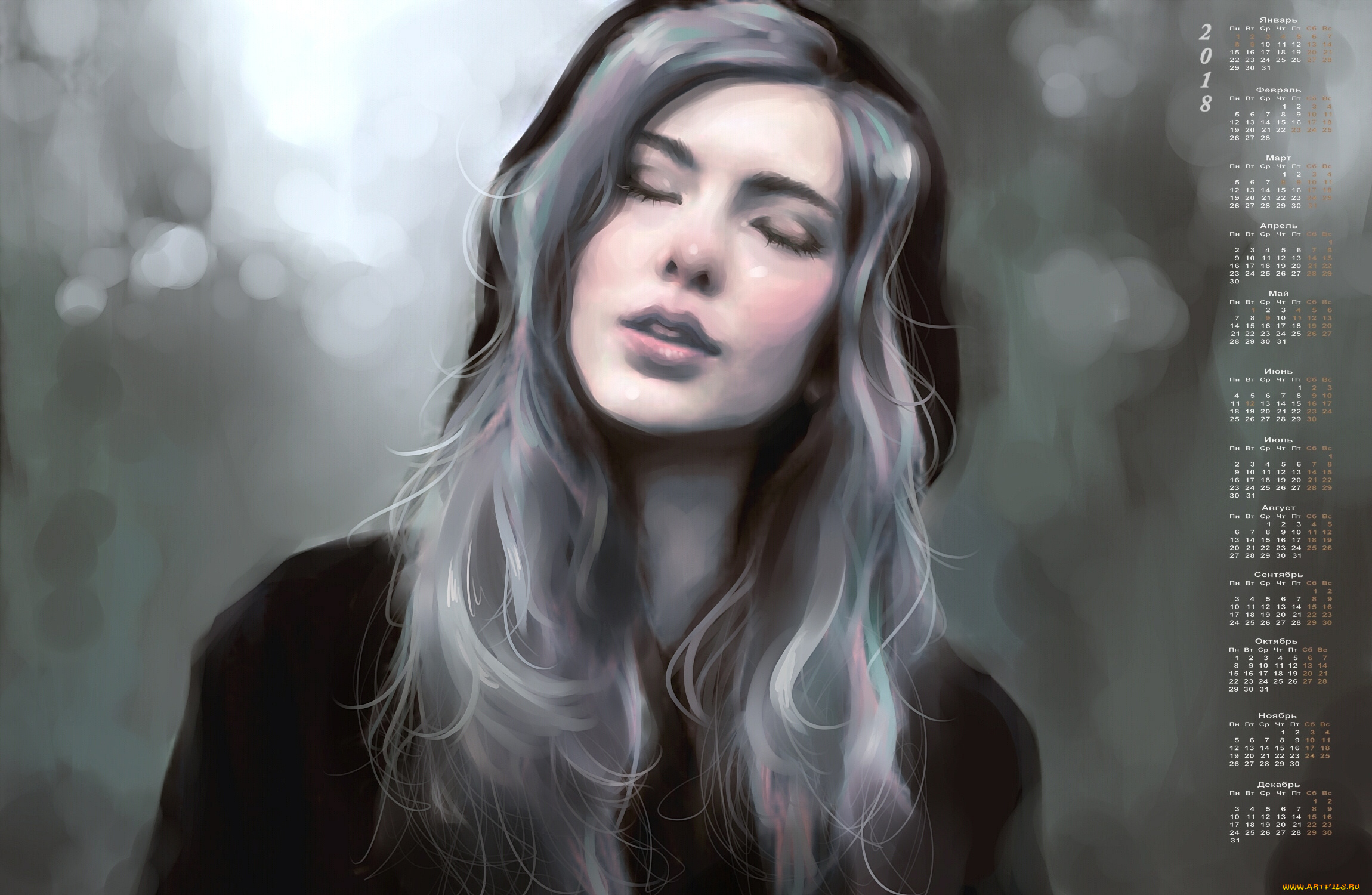 календари, рисованные, , векторная, графика, капюшон, лицо, девушка, 2018