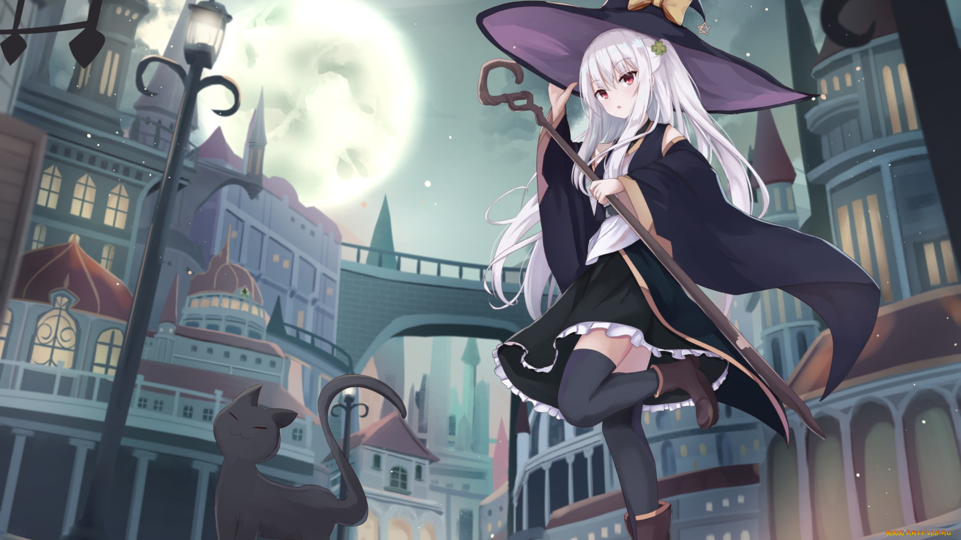 аниме, магия, , колдовство, , halloween, animal, touhourh, original, cat, building, city