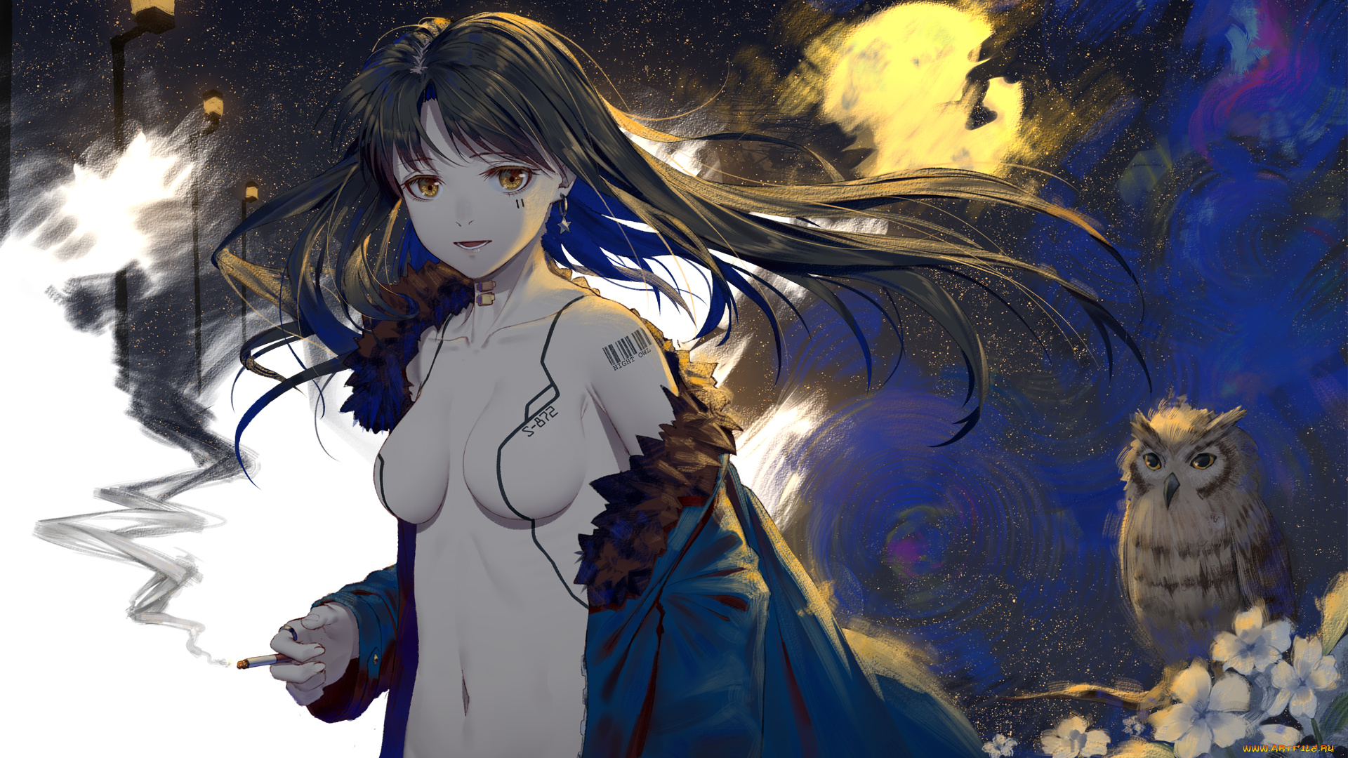 аниме, оружие, , техника, , технологии, flowers, cigarette, breasts, black, hair, bird, animal, ji, dao, original