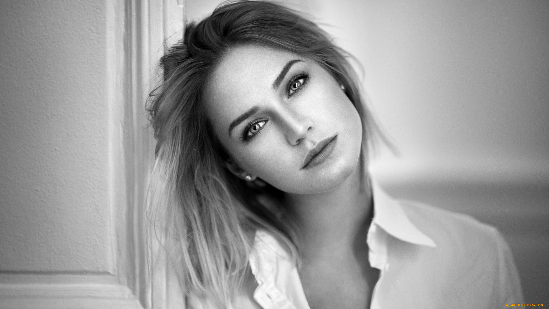 девушки, eva, mikulski, рубашка, лицо, блондинка, черно-белая, модель