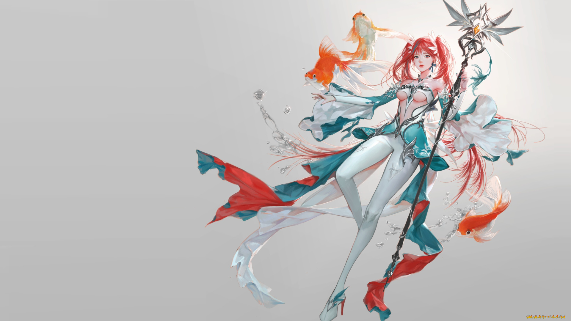 фэнтези, девушки, summoner, russian, blue, кои, посох, арт, рыбка, магия