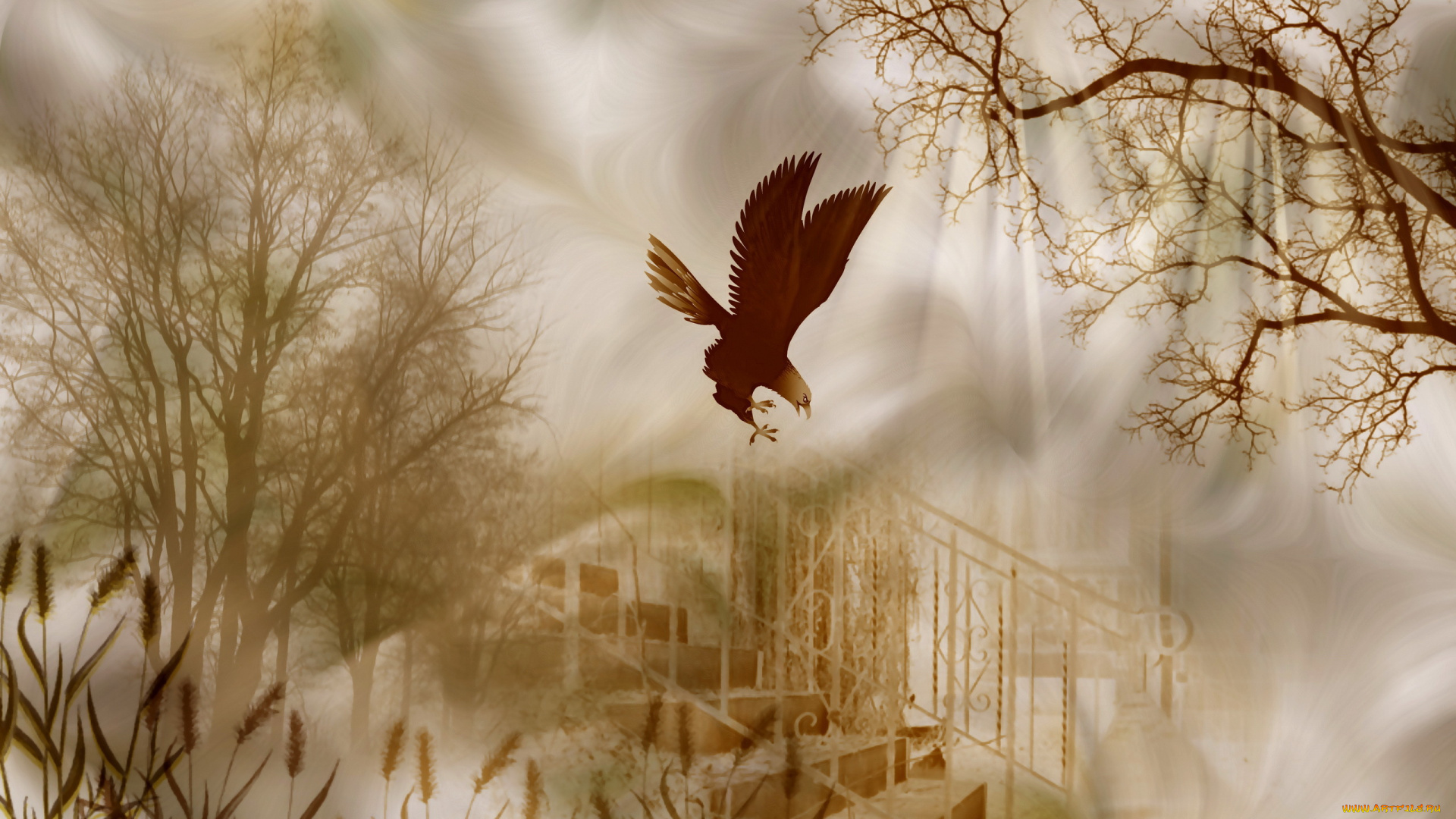 разное, компьютерный, дизайн, камыши, деревья, орел, лестница