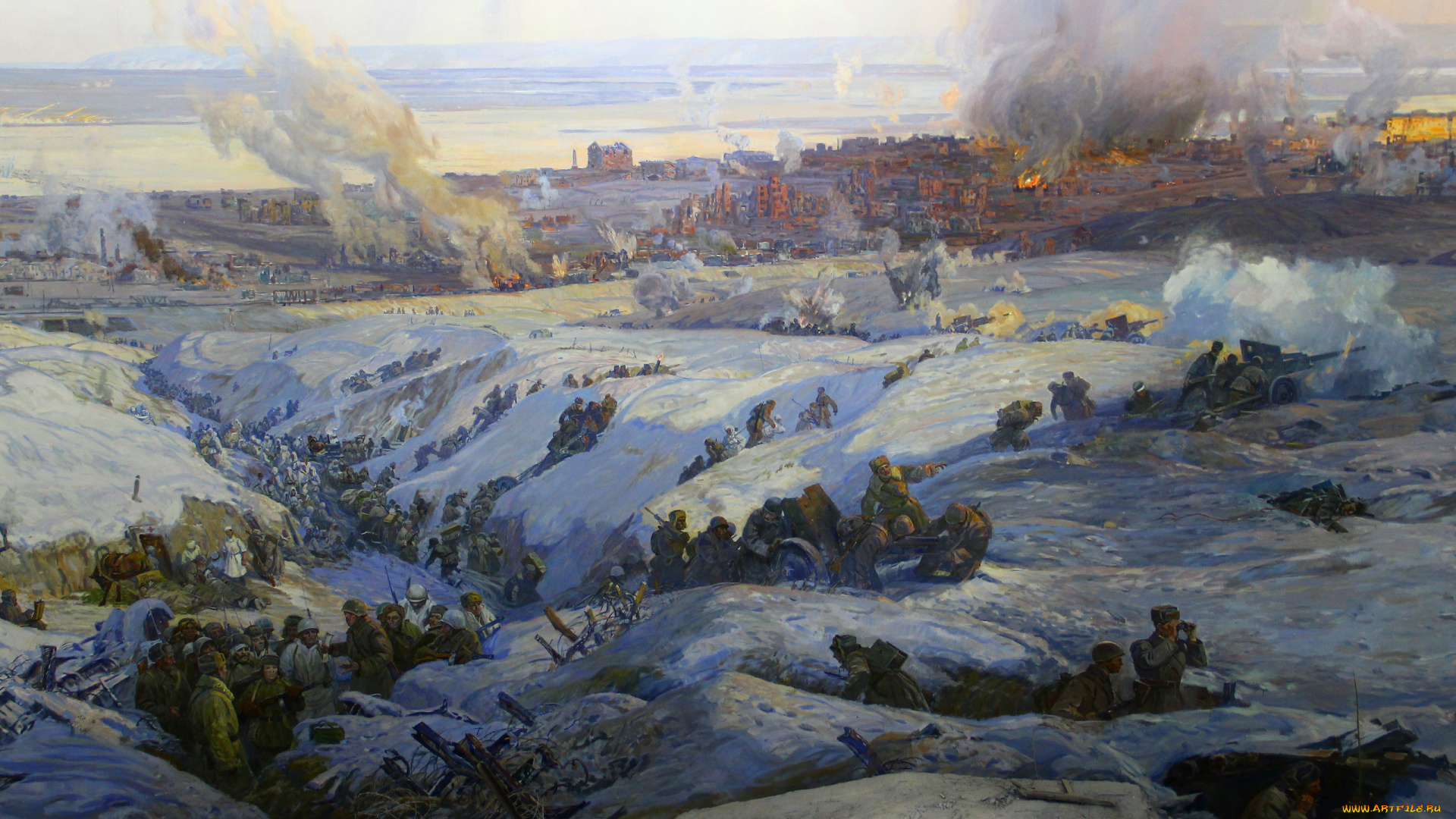 рисованное, армия, разгром, немецко-фашистских, войск, под, сталинградом, панорама, художники, студии, военных, художников, имени, м, б, грекова