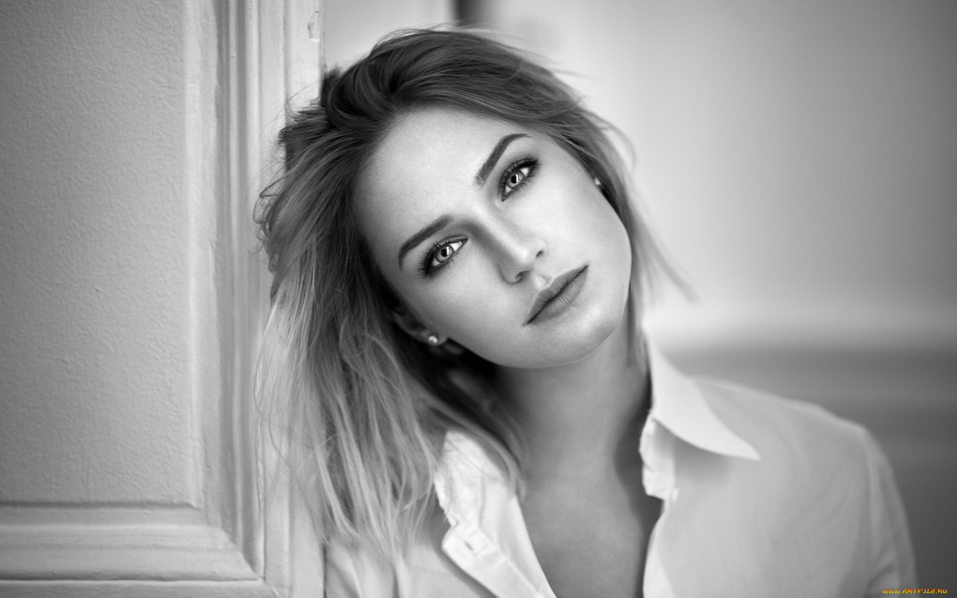 девушки, eva, mikulski, рубашка, лицо, блондинка, черно-белая, модель
