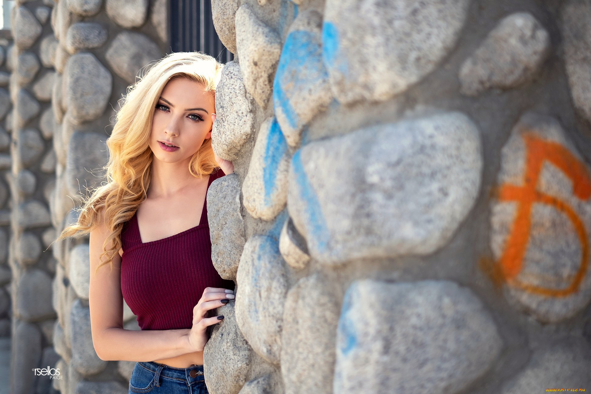 девушки, -unsort, , блондинки, , светловолосые, rsellos, взгляд, на, зрителя, фиолетовая, одежда, женщины, открытом, воздухе, портрет, боке, джинсы, живот, длинные, волосы, блондинка, модель