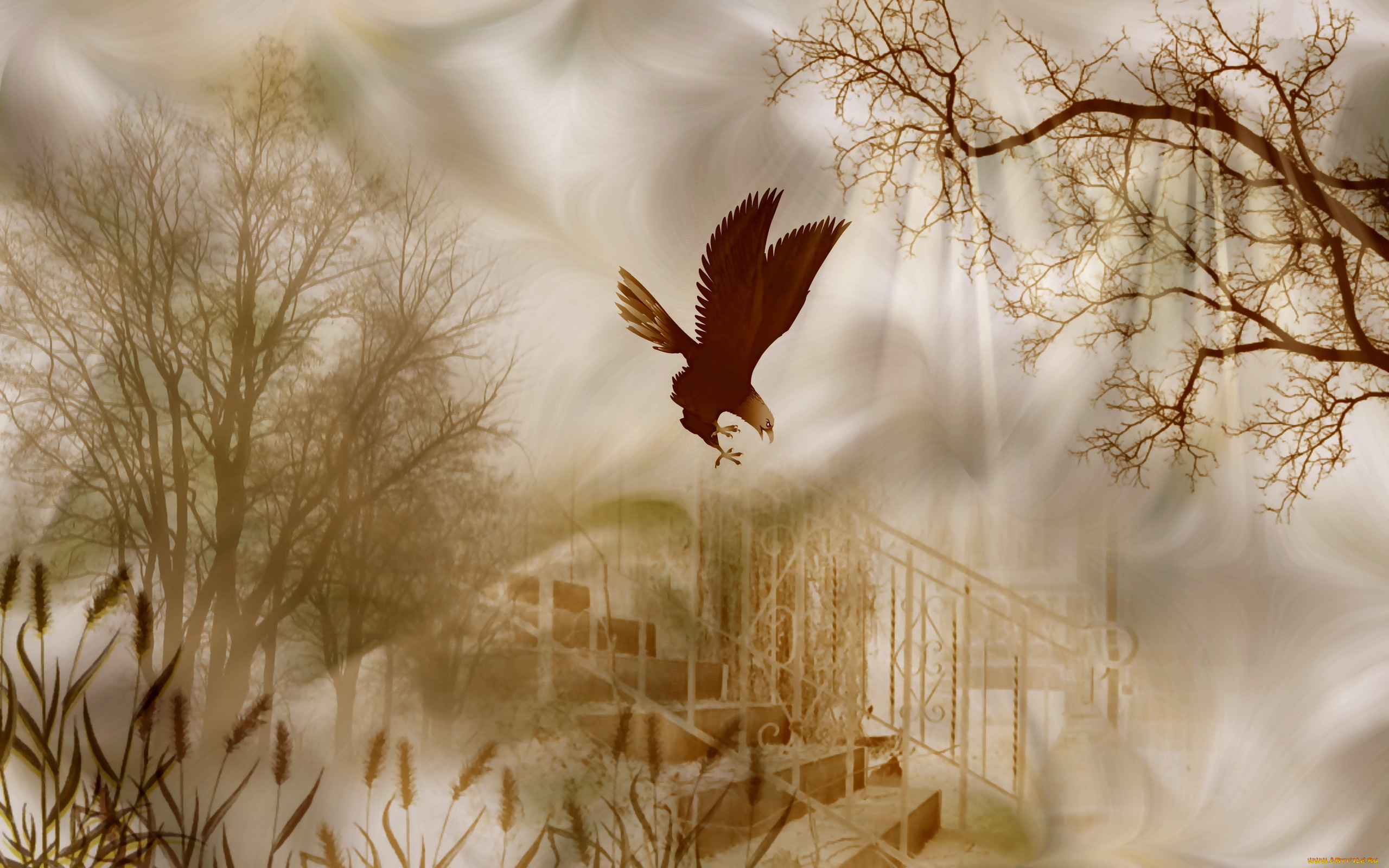 разное, компьютерный, дизайн, камыши, деревья, орел, лестница