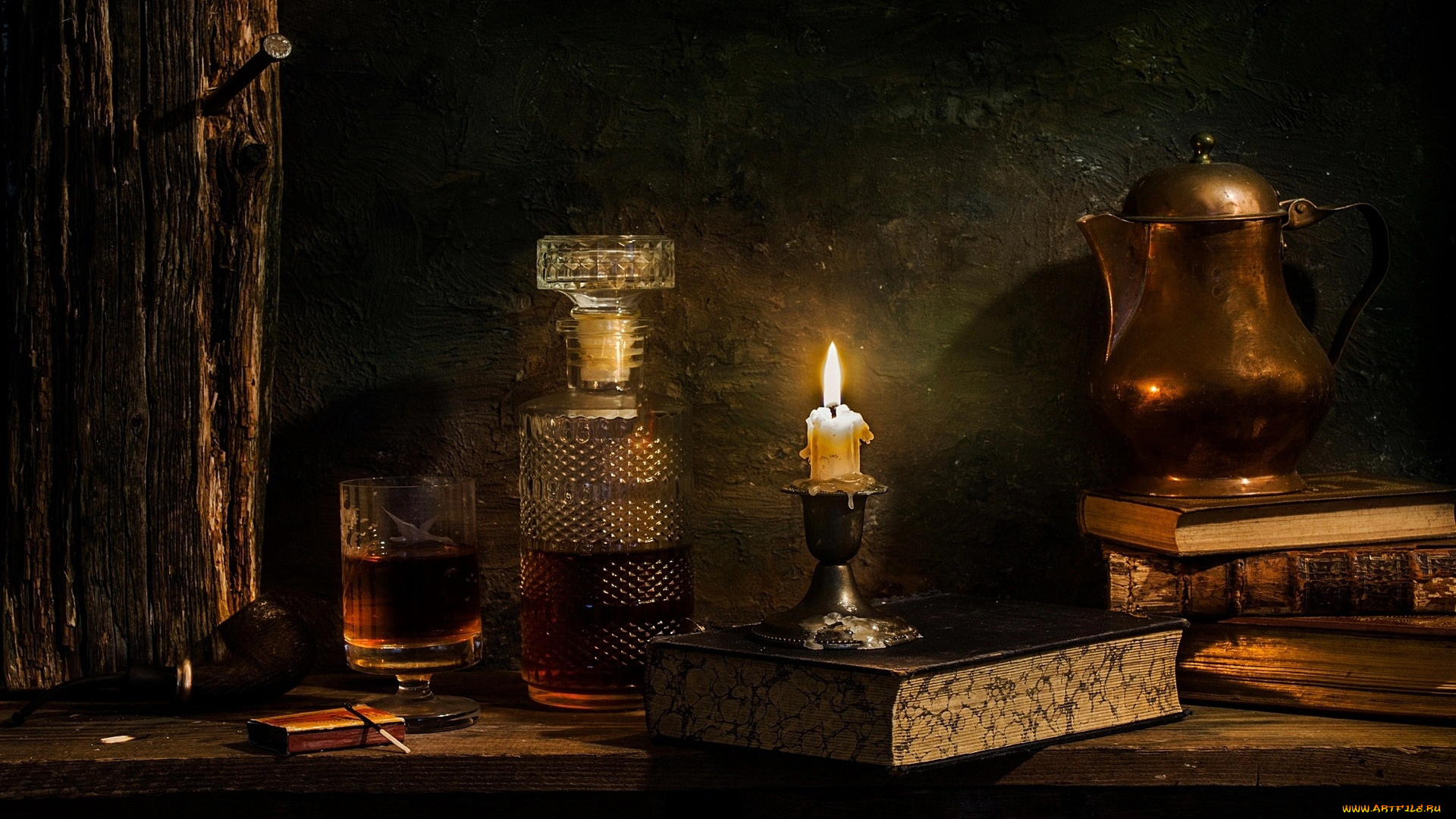 еда, напитки, свеча, книги, коньяк, графин
