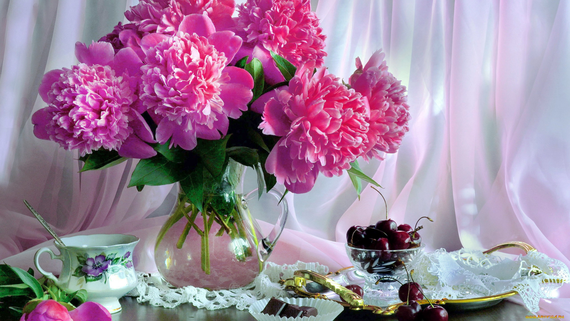 еда, натюрморт, пионы, вишня, конфеты