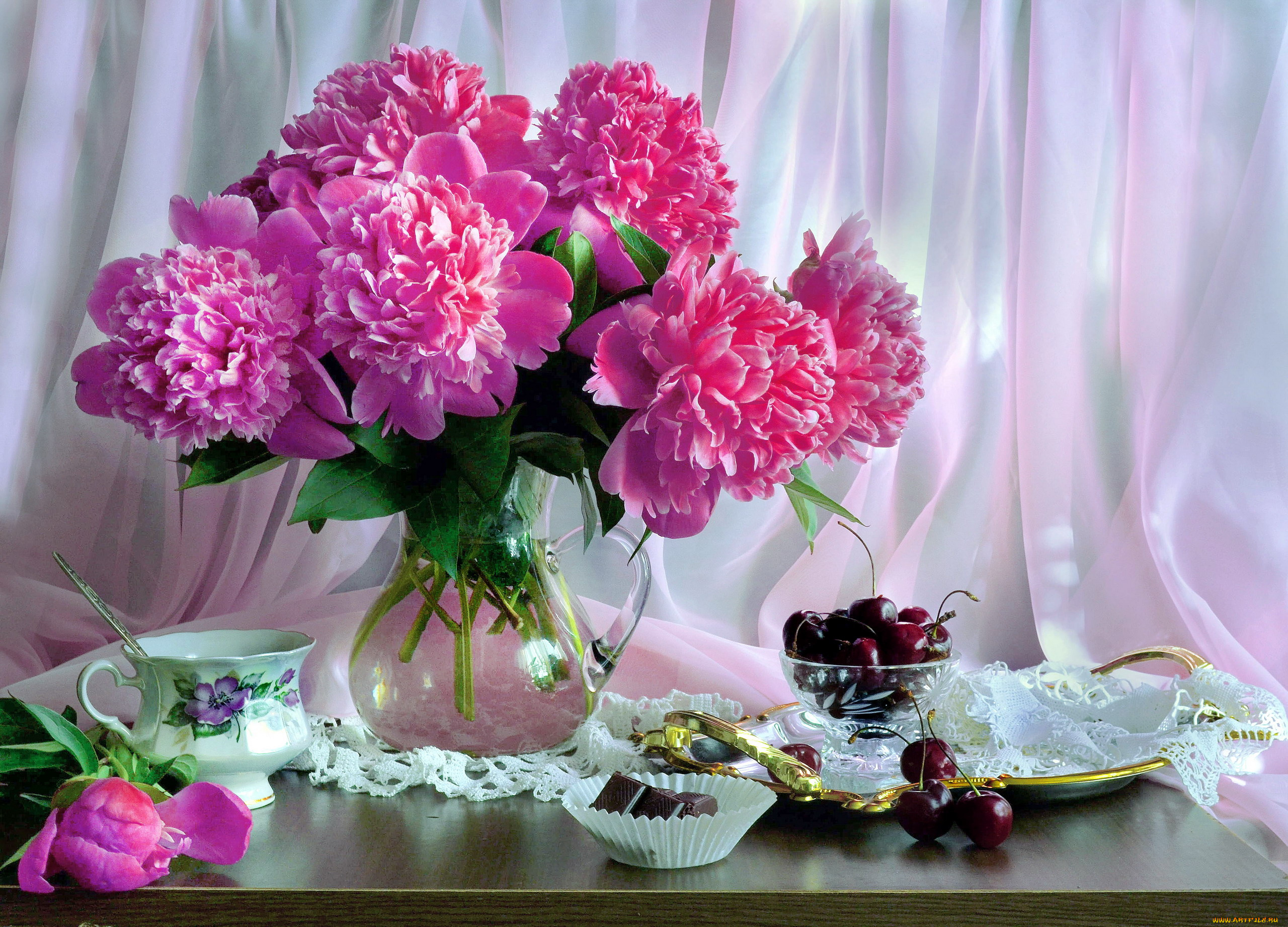 еда, натюрморт, пионы, вишня, конфеты