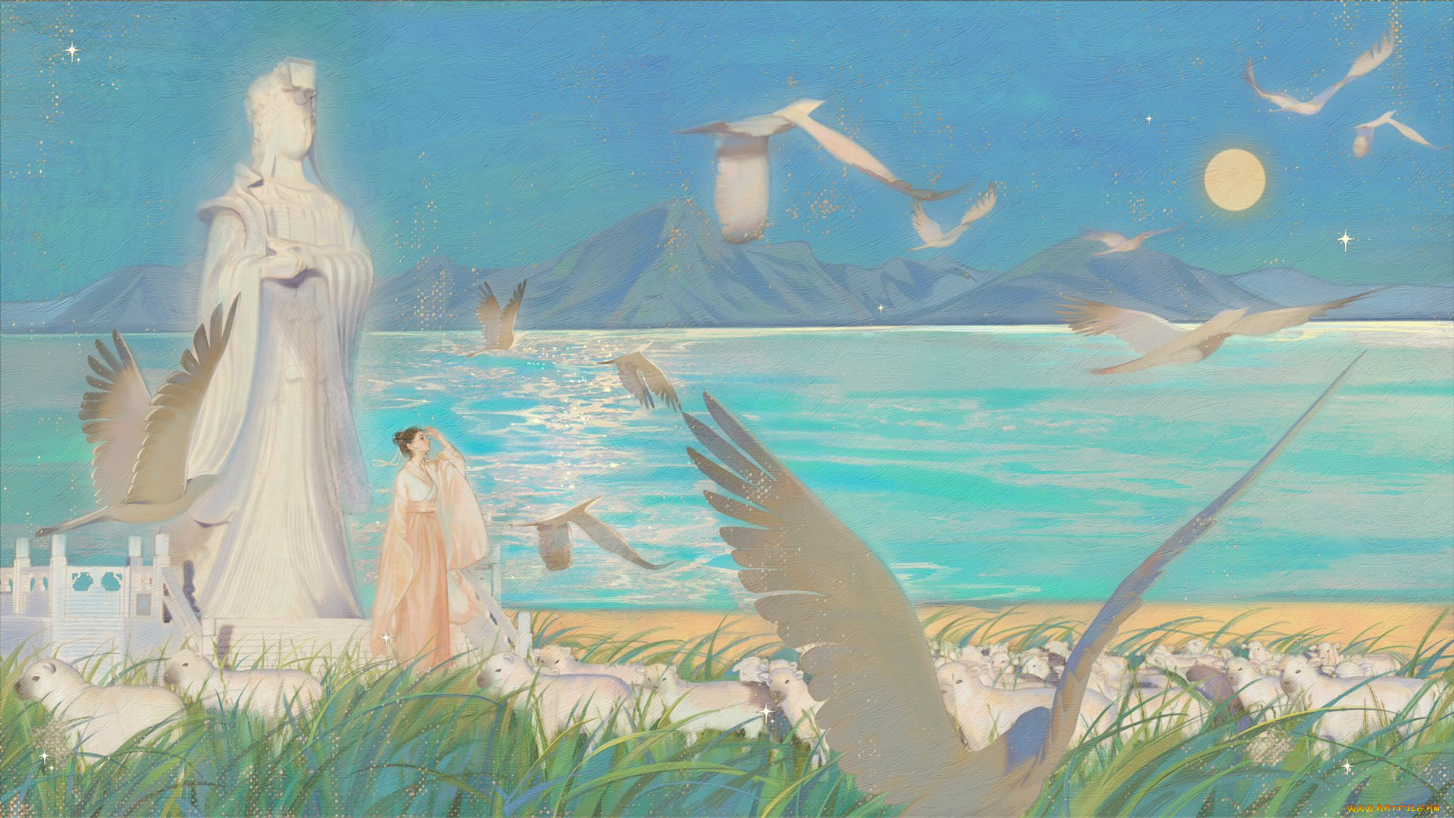 рисованное, люди, девушка, статуя, птицы