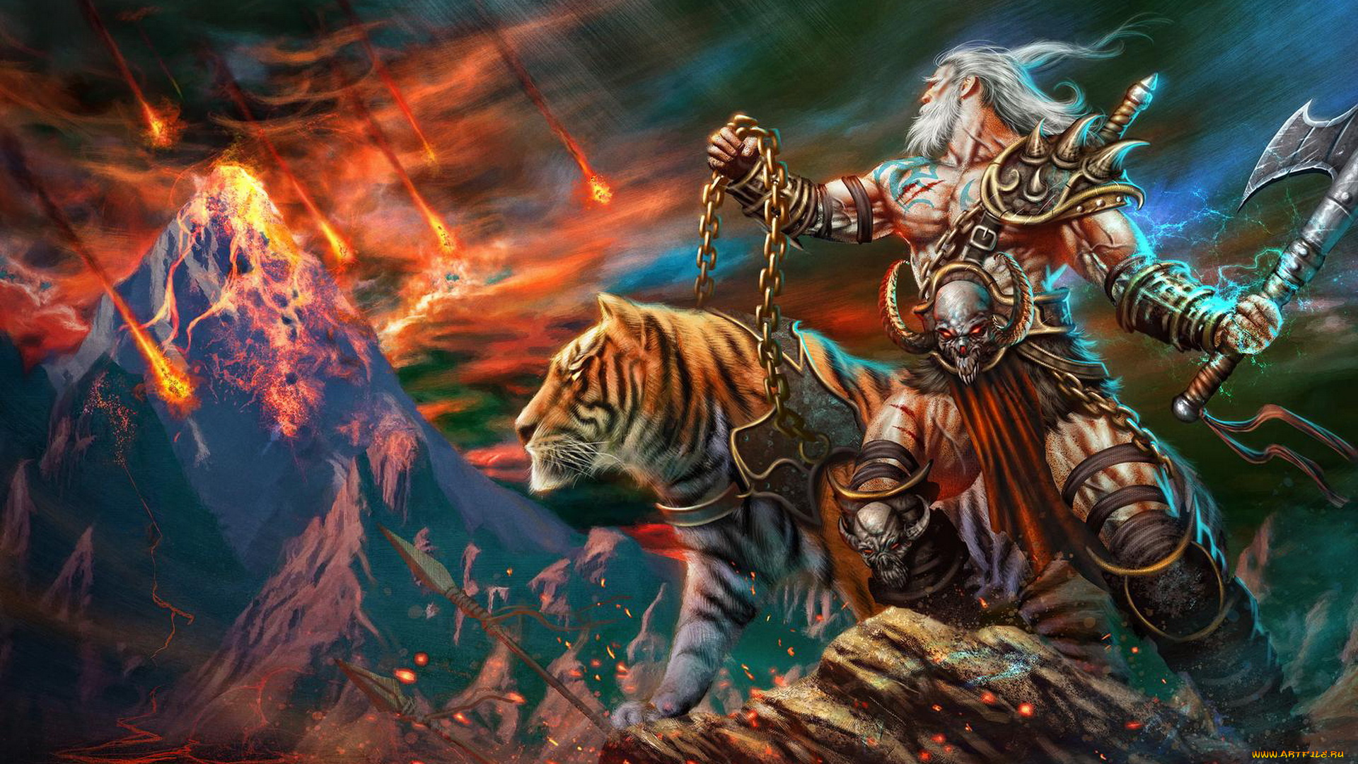 diablo, iii, видео, игры, мужчина, фон, тигр, дождь, астероид, топор