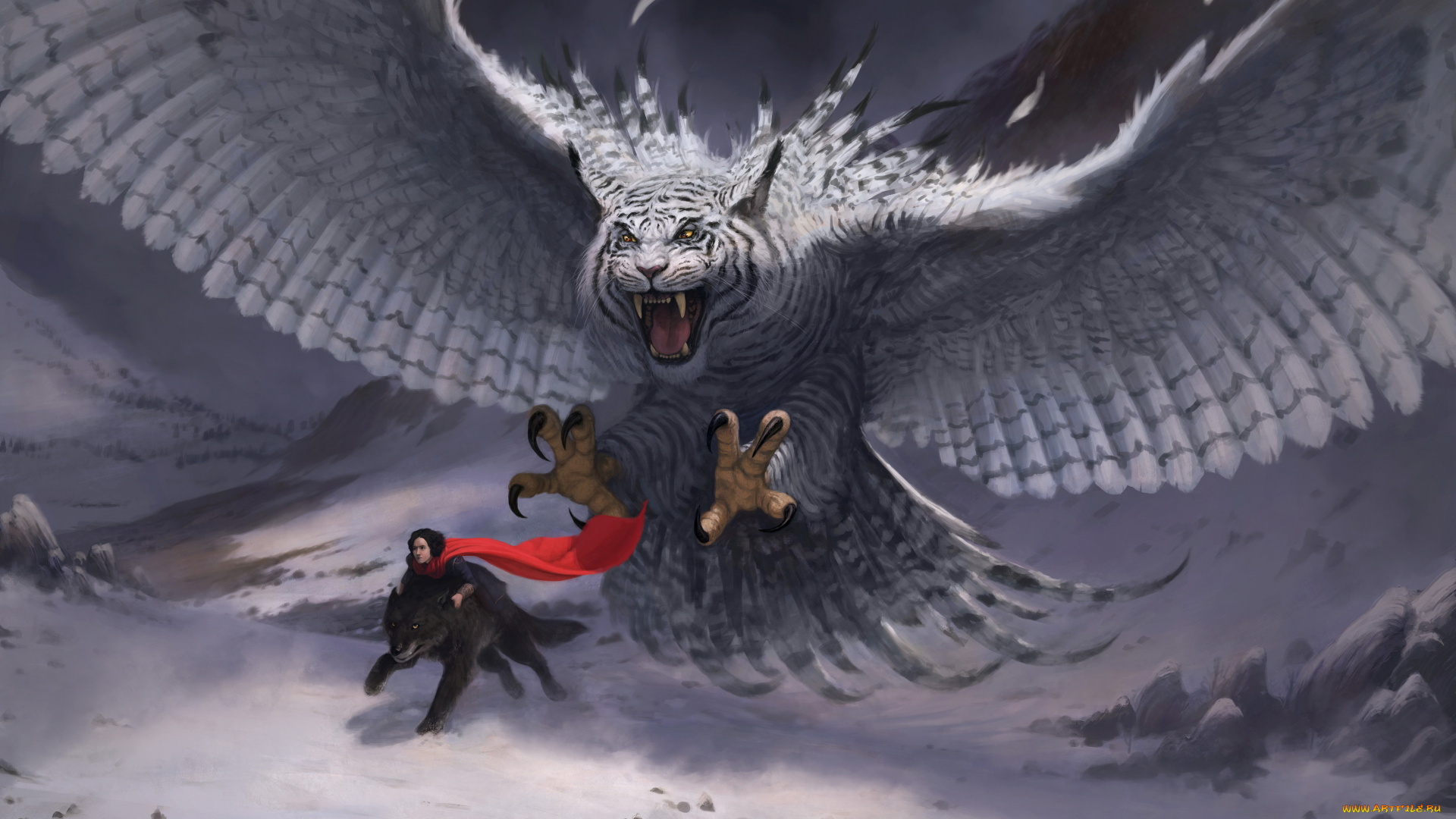 фэнтези, существа, птица, фон, тигр, когти, крылья, волк, собака, человек, бегство, атака