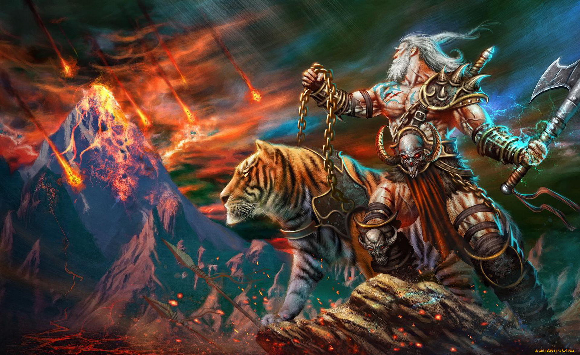 diablo, iii, видео, игры, мужчина, фон, тигр, дождь, астероид, топор