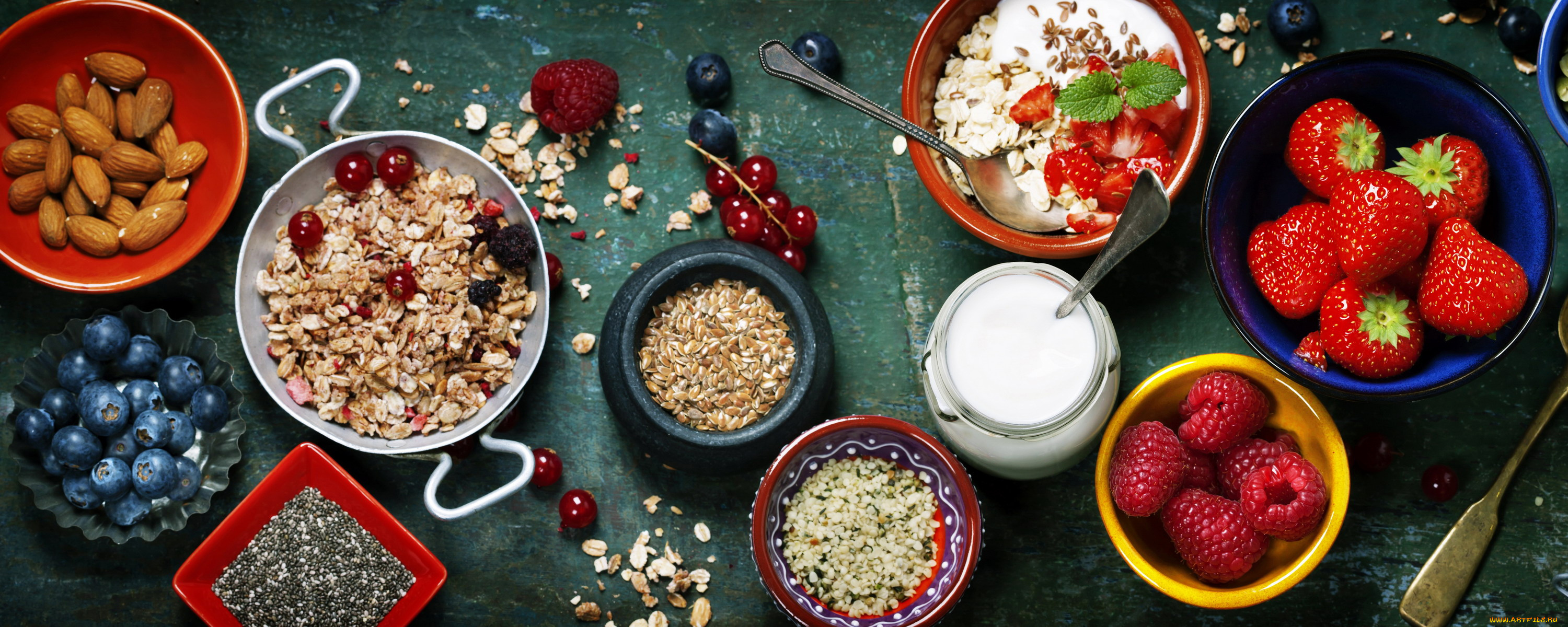 еда, разное, орехи, семечки, ягоды, малина, черника, йогурт