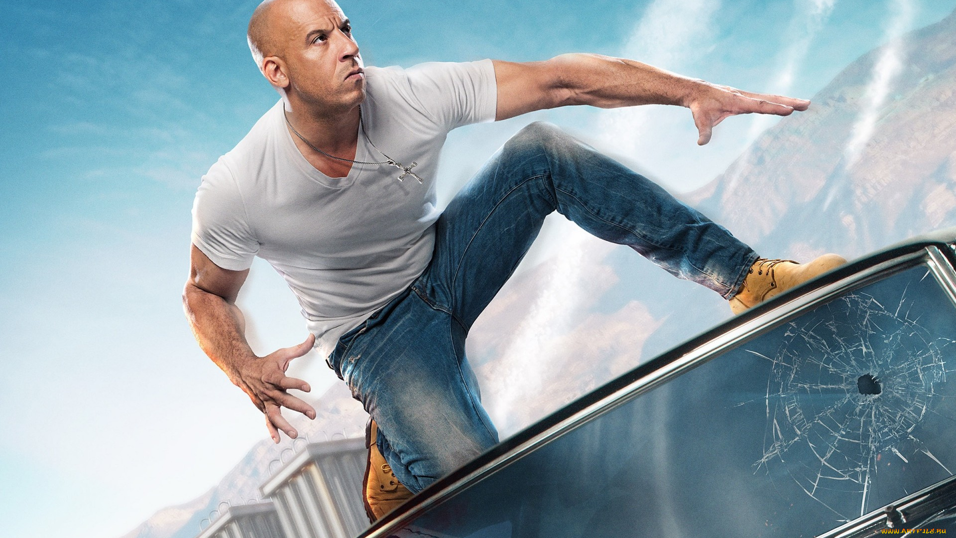 the, fate, of, the, furious, кино, фильмы, форсаж, восьмая, часть, боевик, криминал, вин, дизель, vin, diesel, dominic, toretto, доминик, торетто, dom, мужчины, актер, джинсы, футболка, бритая, голова, битое, стекло, злой, сапоги, кино, облака