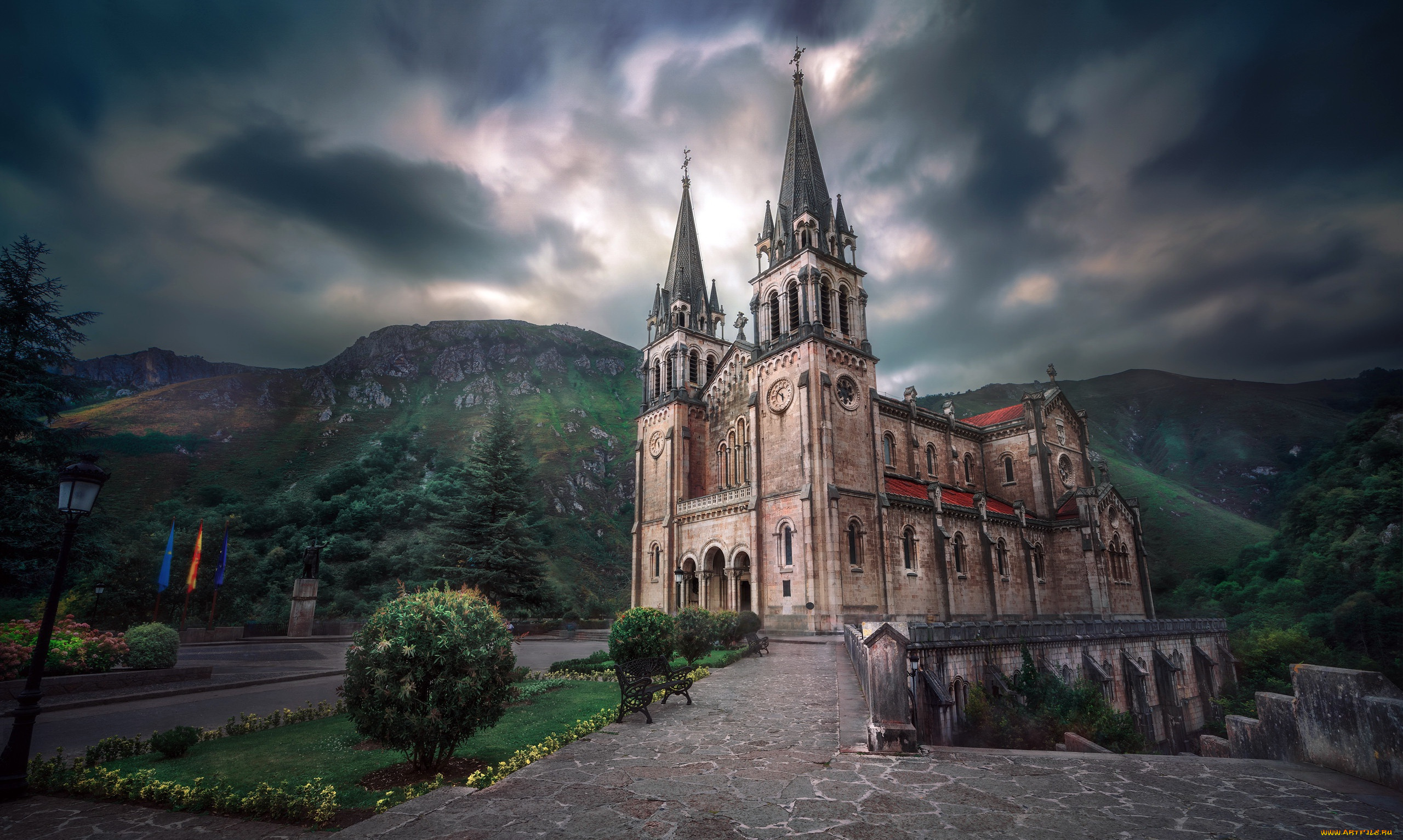 города, -, католические, соборы, , костелы, , аббатства, здание, испания, небо, на, открытом, воздухе, базилика, санта, мария, ла, реаль, де, ковадонга, пасмурно, астурия