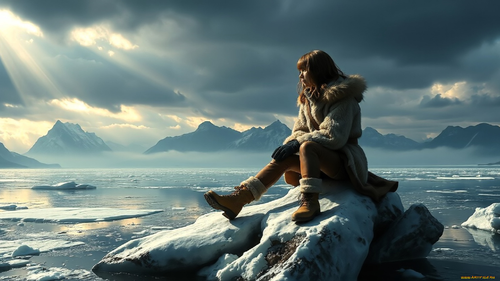 3д, графика, люди, , people, девушка, шуба, штаны, сапоги, озеро, горы, лед, снег, зима